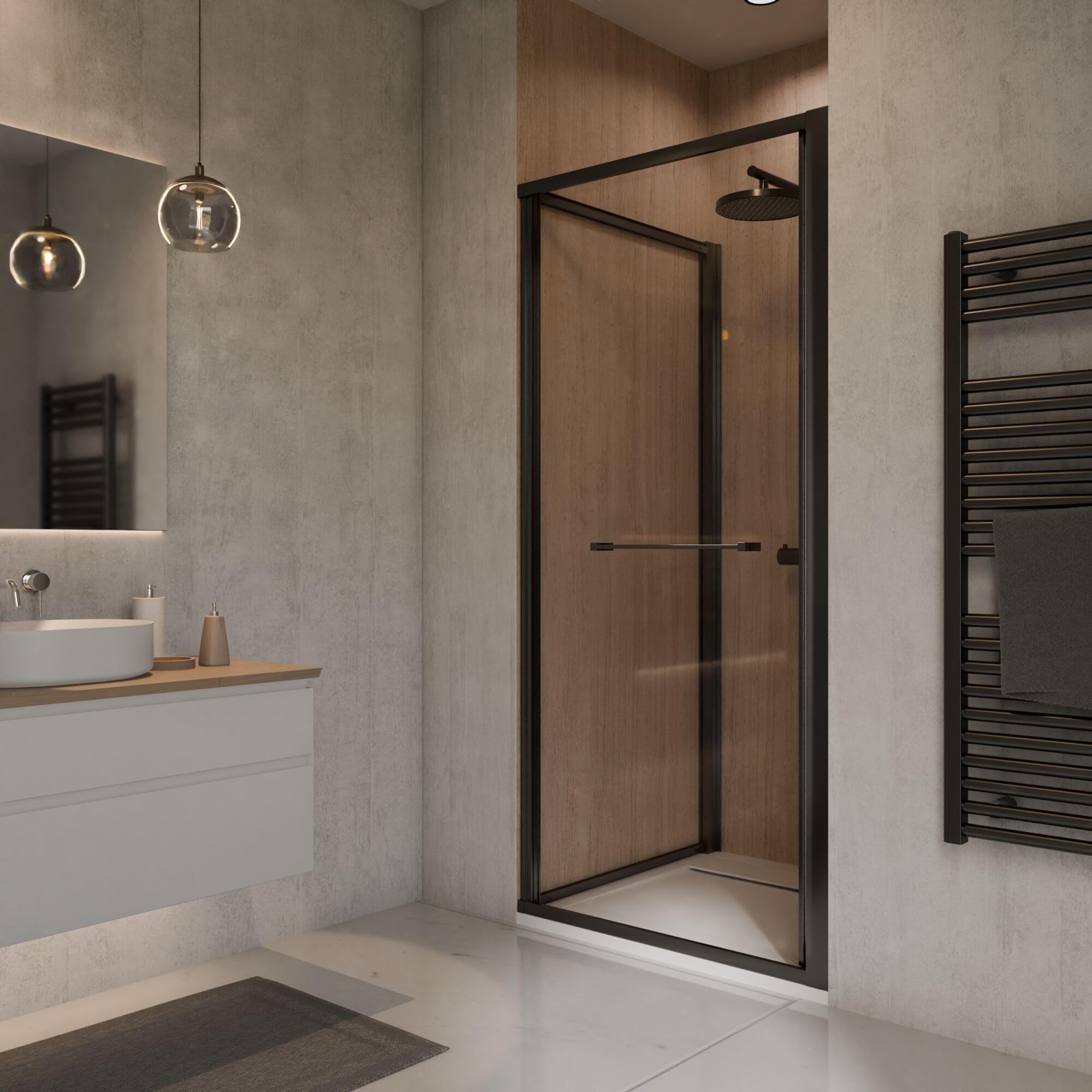 Schulte Sunny Schwenk-Schiebetür für Nische 90 cm, ESG Sicherheitsglas 6 mm, Fixil Antikalkbeschichtung, Aluminium Schwarz Matt, anschlagslos, Duschkabine Nischentür