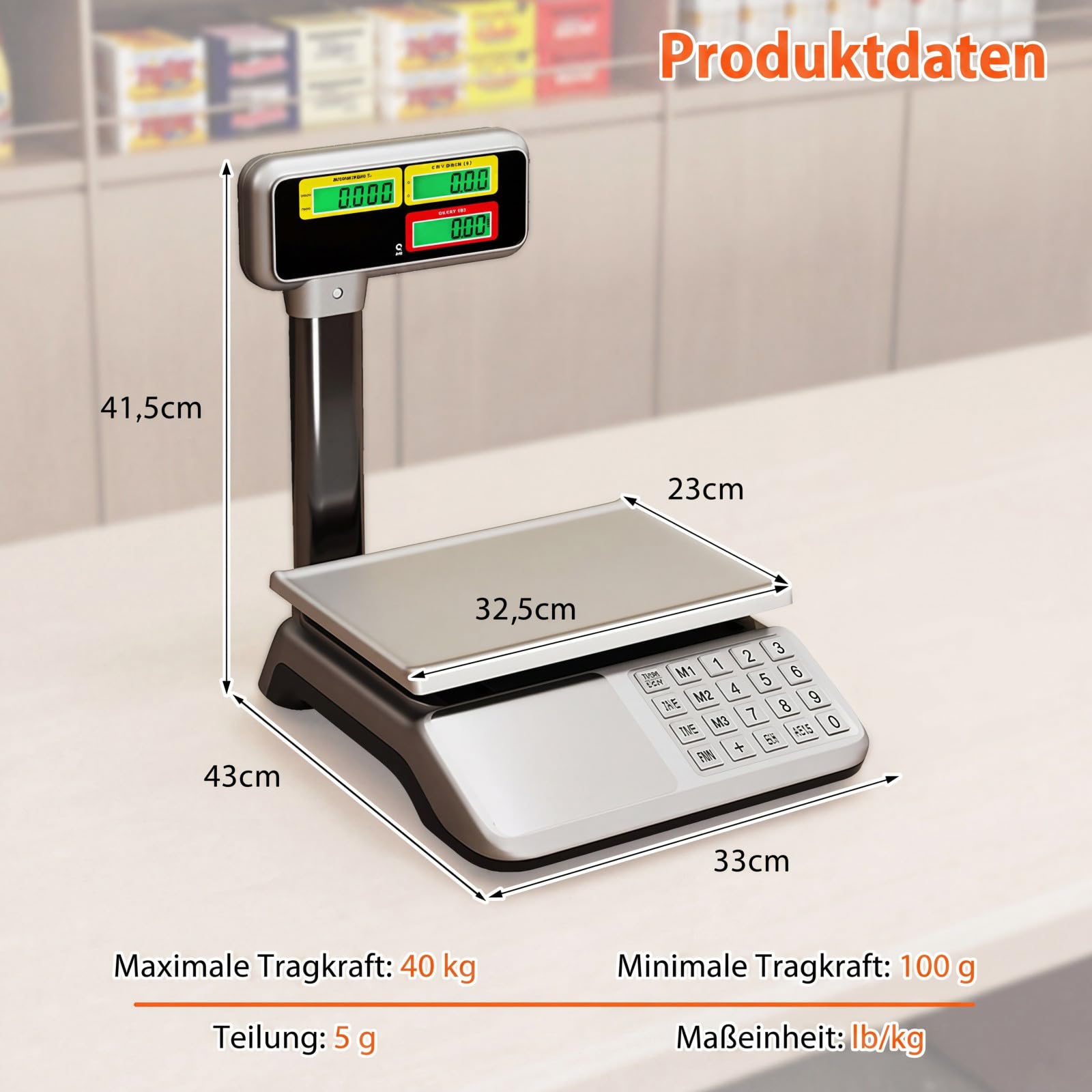 COSTWAY Kontrollwaage 40 kg/ 5g mit doppelseitiger Hochanzeige, Marktwaage