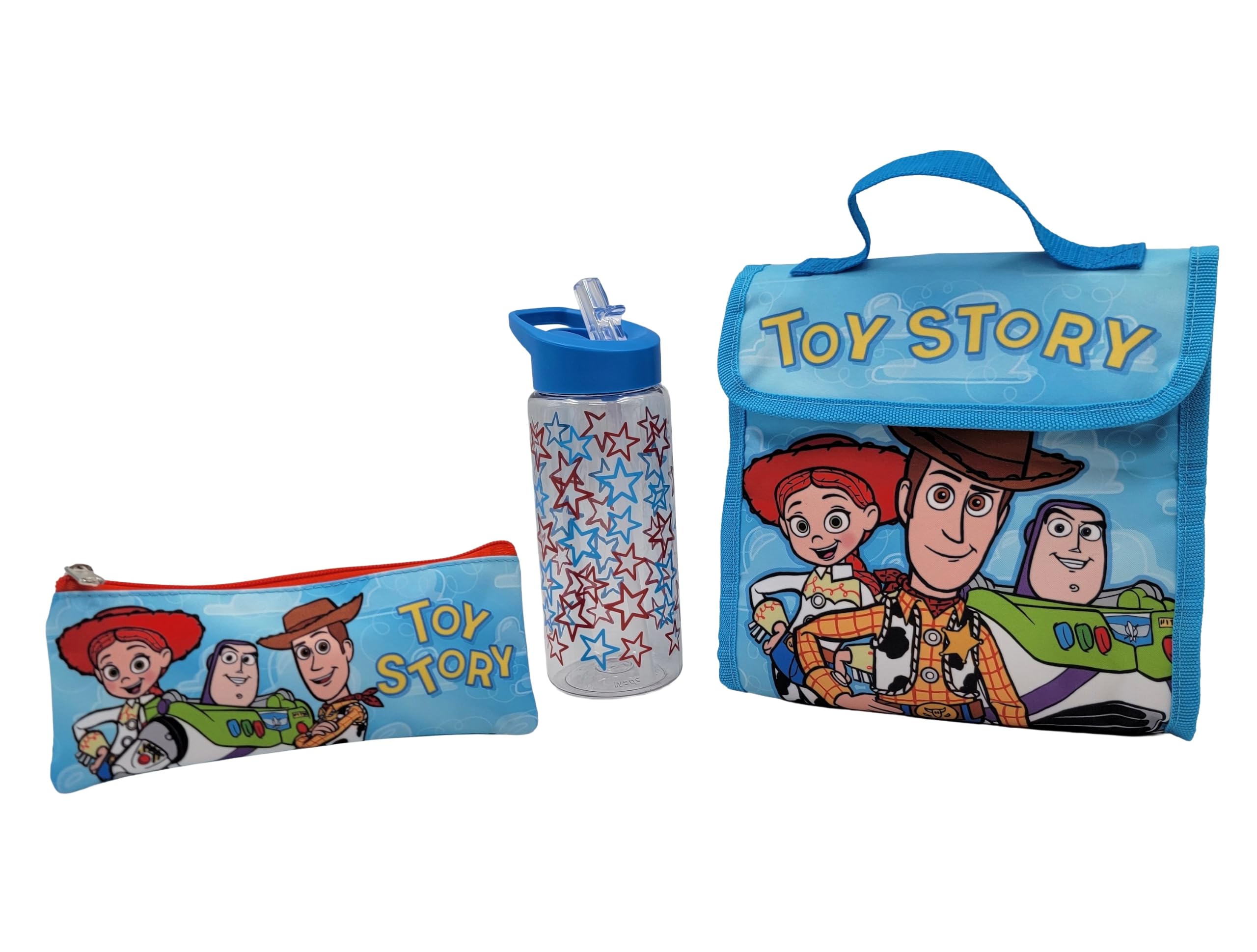 Disney Pixar Toy Story - Juego de mochila y bolsa de almuerzo para niños, juego de 5 piezas con mochila, bolsa de almuerzo aislada, estuche, botella de agua y llavero, Buzz Woody Jessie