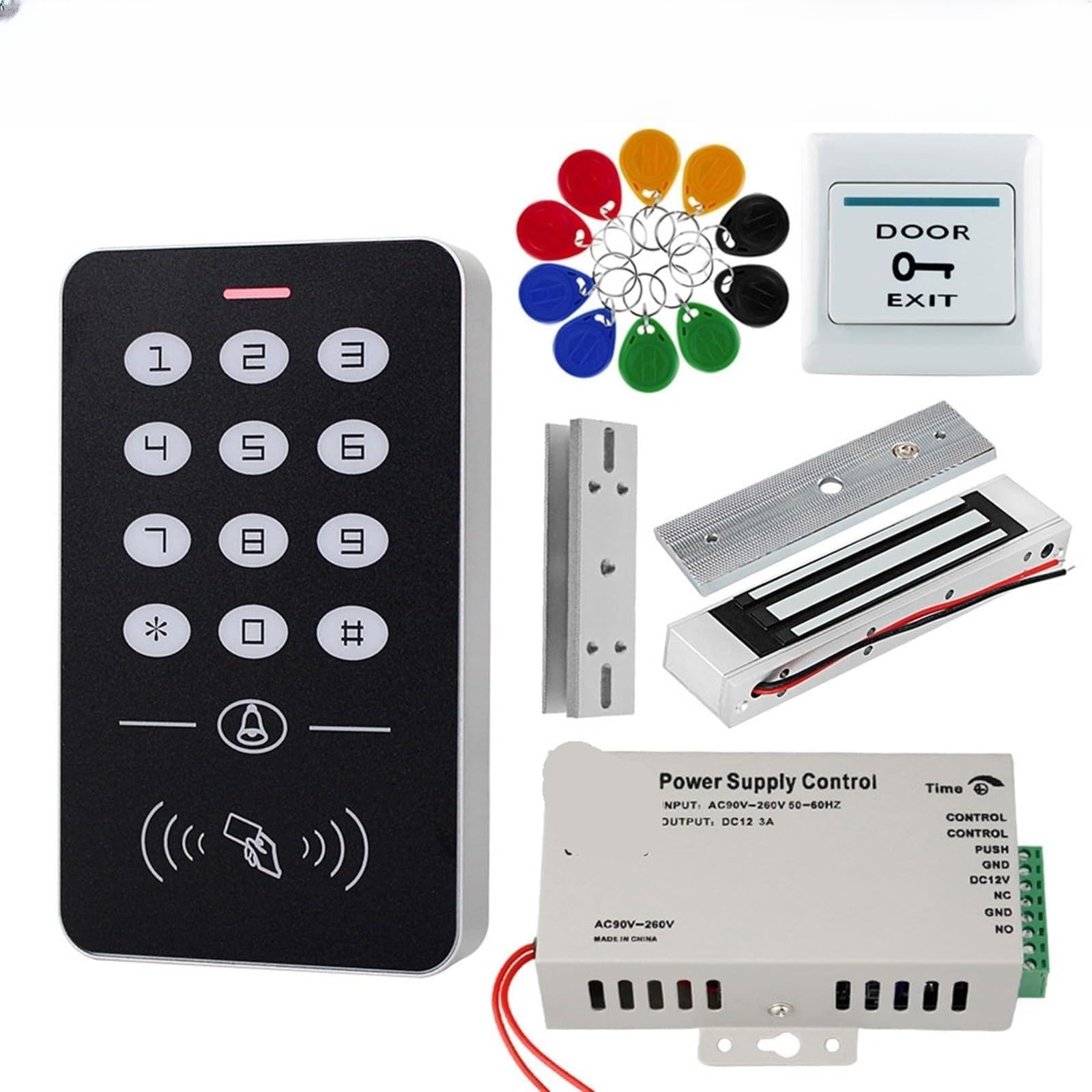 Kit de de Control de Acceso de Puerta, Teclado de Control de Acceso RFID, Fuente de alimentación, Cerradura magnética eléctrica, cerraduras de Golpe, 10 Uds. De Llaves(Kit6)