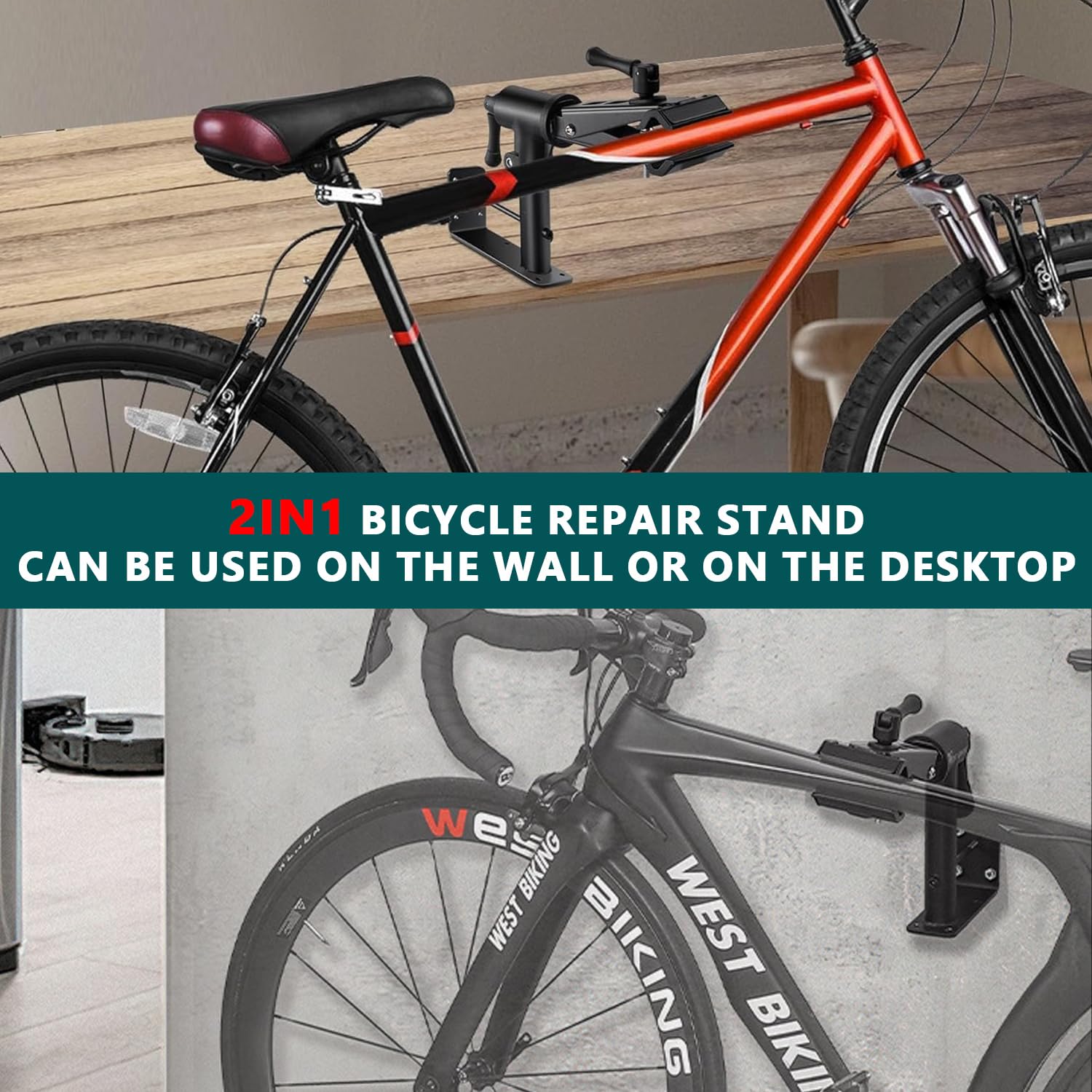 Supporto per Bicicletta 2 in 1 - Cavalletto da Officina e a Parete Regolabile in Acciaio al Carbonio, Leggero e Stabile per Bici da Corsa e Mountain Bike, Portata 40kg