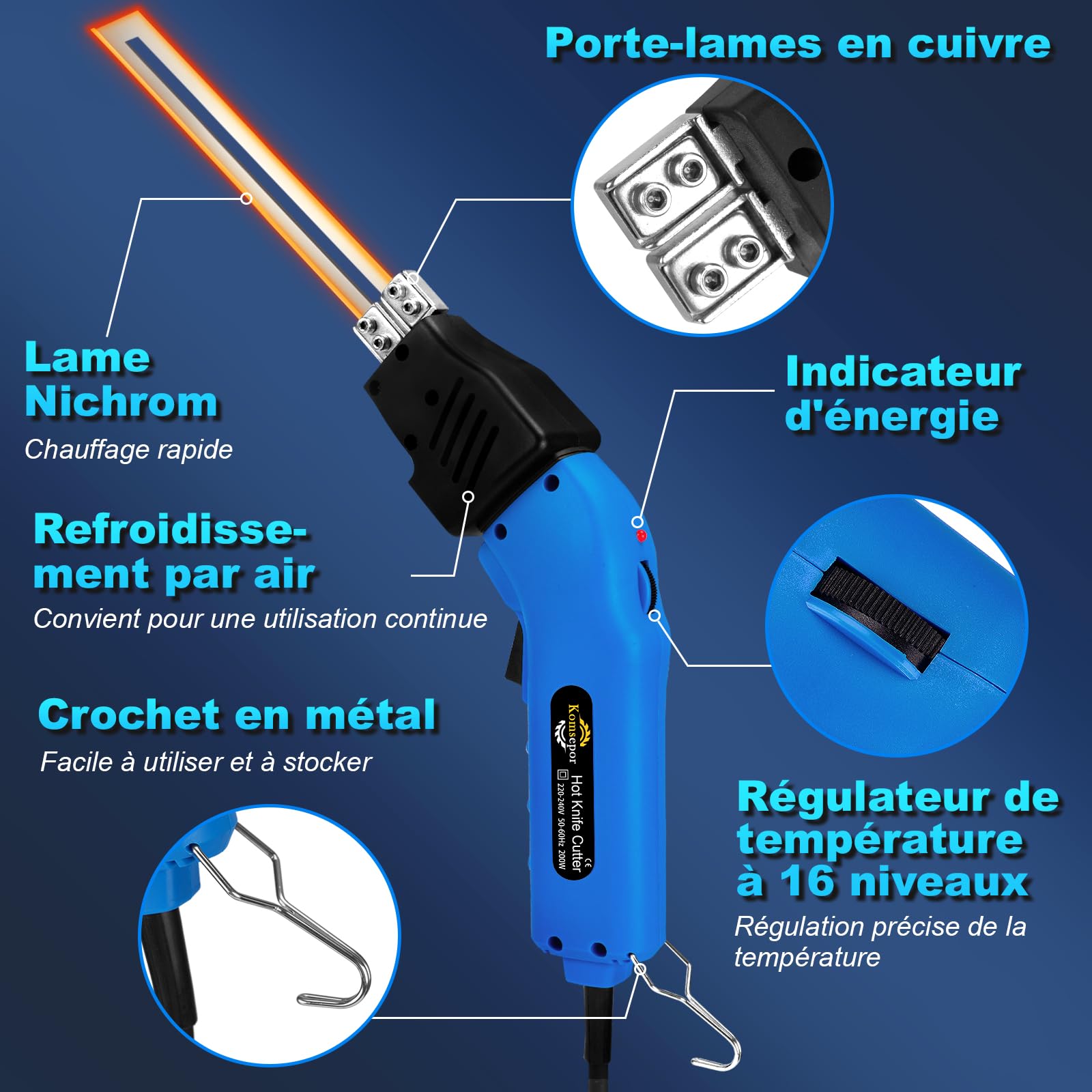 Komsepor 200W Couteau Électrique à Chaud Découpeur de Mousse avec 4 Lames en Nickel-Chrome 0-600℃ 220-240V avec Système de Refroidissement pour Polystyrène (Refroidissement à l'Air Bleu 200W)