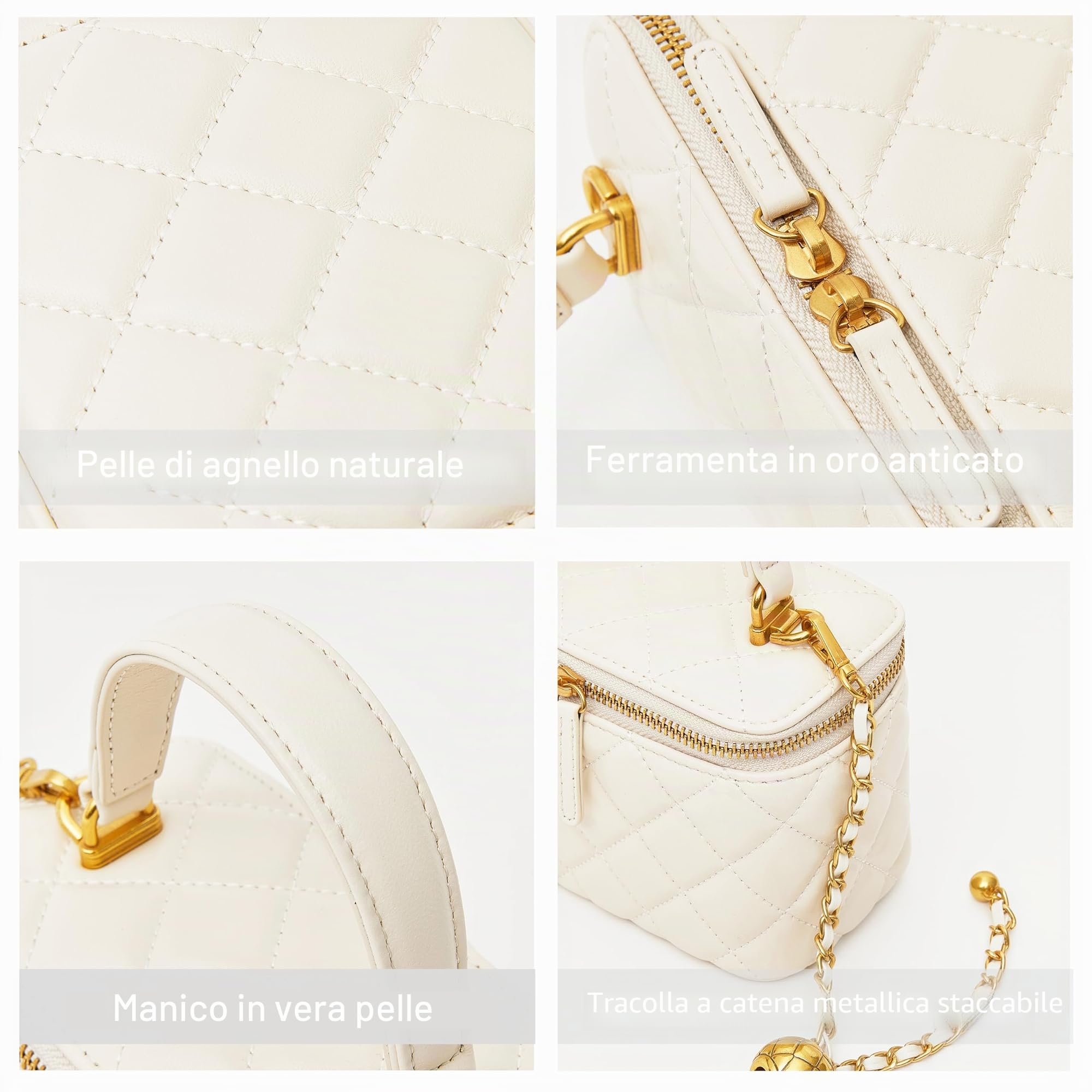 DORIS&JACKY - Borsa a tracolla trapuntata piccola per le donne in pelle di design, mini borsa con manico superiore con tracolla a catena in metallo