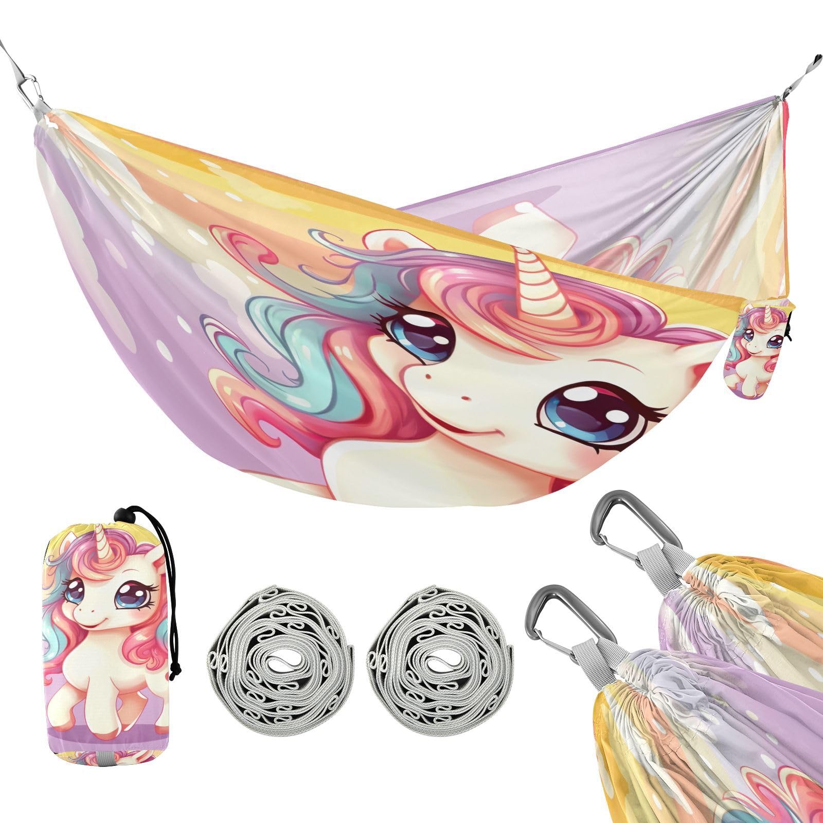 SDMKA Cute Cartoon Horse Camping Hammock, 330 lbs with 2 Tree Straps, Carry Bag, Single Portable Hammock for Outdoor/Indoor, Hiking, Beach, Backpacking, Travel