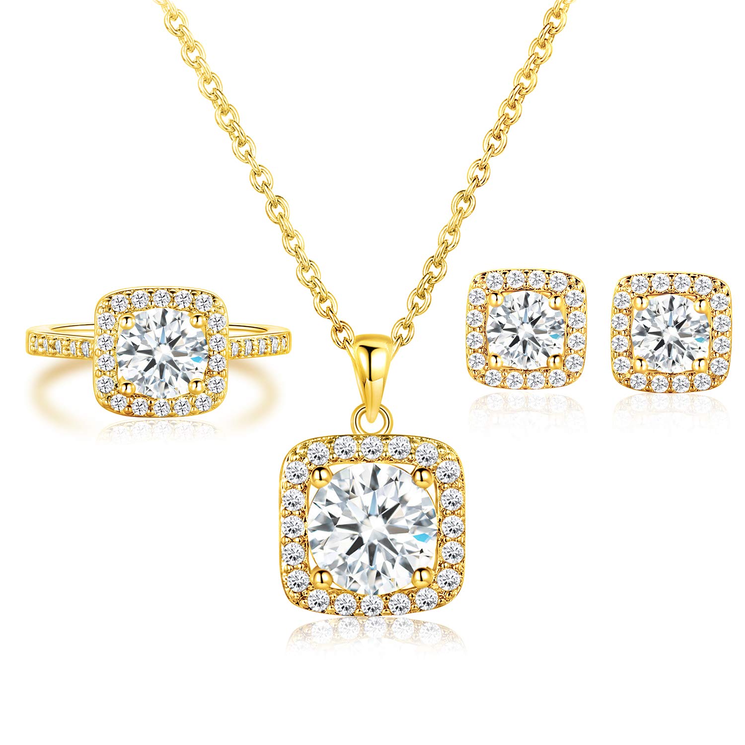 XBRN Necklace/Earrings/Ring Engagement Jewelry Set for Women,18K Gold Plated Halo CZ Hypoallergenic Wedding Jewelry Pack of 3