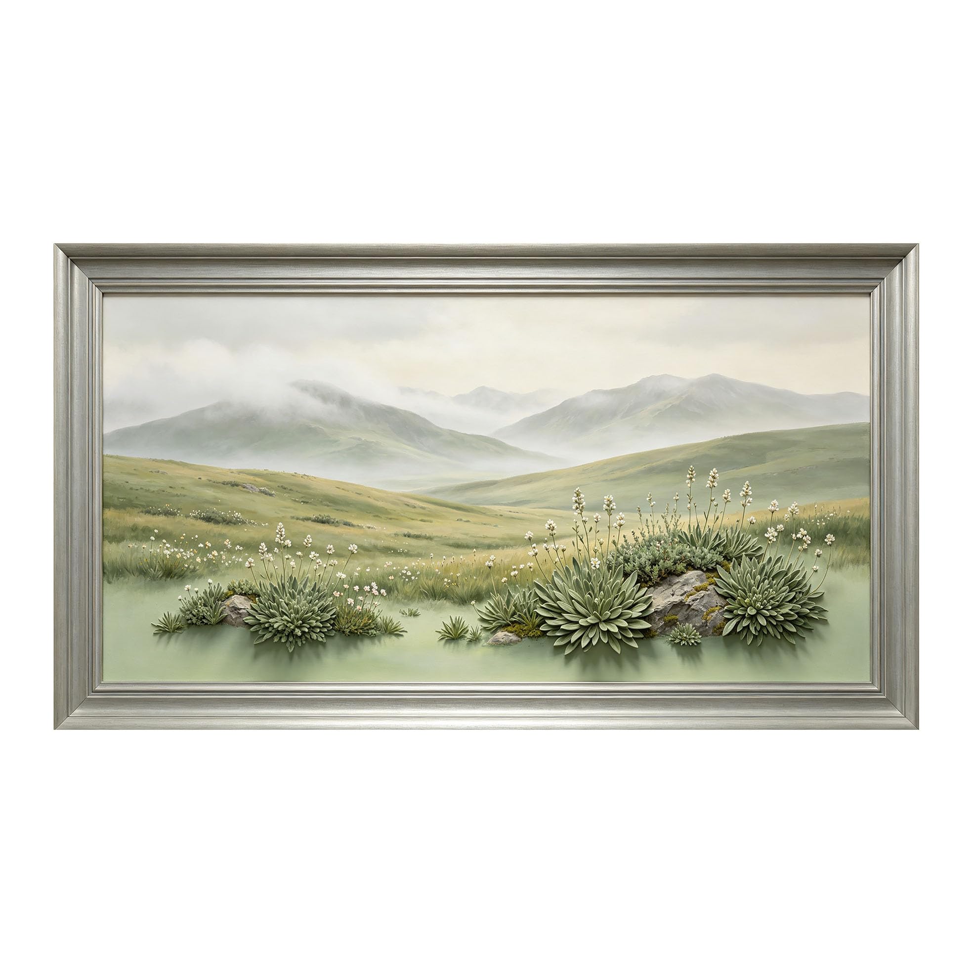 Yzpallescene 3D Framed Wall Art 50cm×100cm Misty Mountain Meadow Botanical Oil Painting Large Size SelfAdhesive Removable Wall Decor Prints Artwork for Living Room Bedroom Office