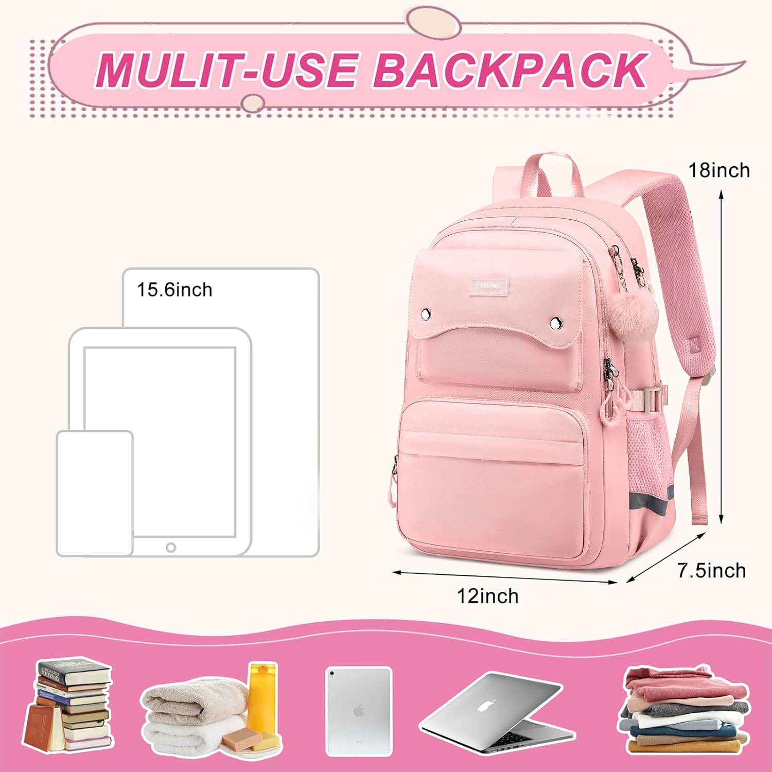 ZUBOND Girls Backpack for School - Lightweight Travel Laptop Backpack Fits 15.6 Inch Notebook, Water Bottle Pocket - Ideal for Teens, College Students, Adults