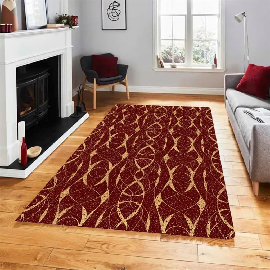 Wine Red Gold Mystic Circle Lines Modern Abstract Area Rug