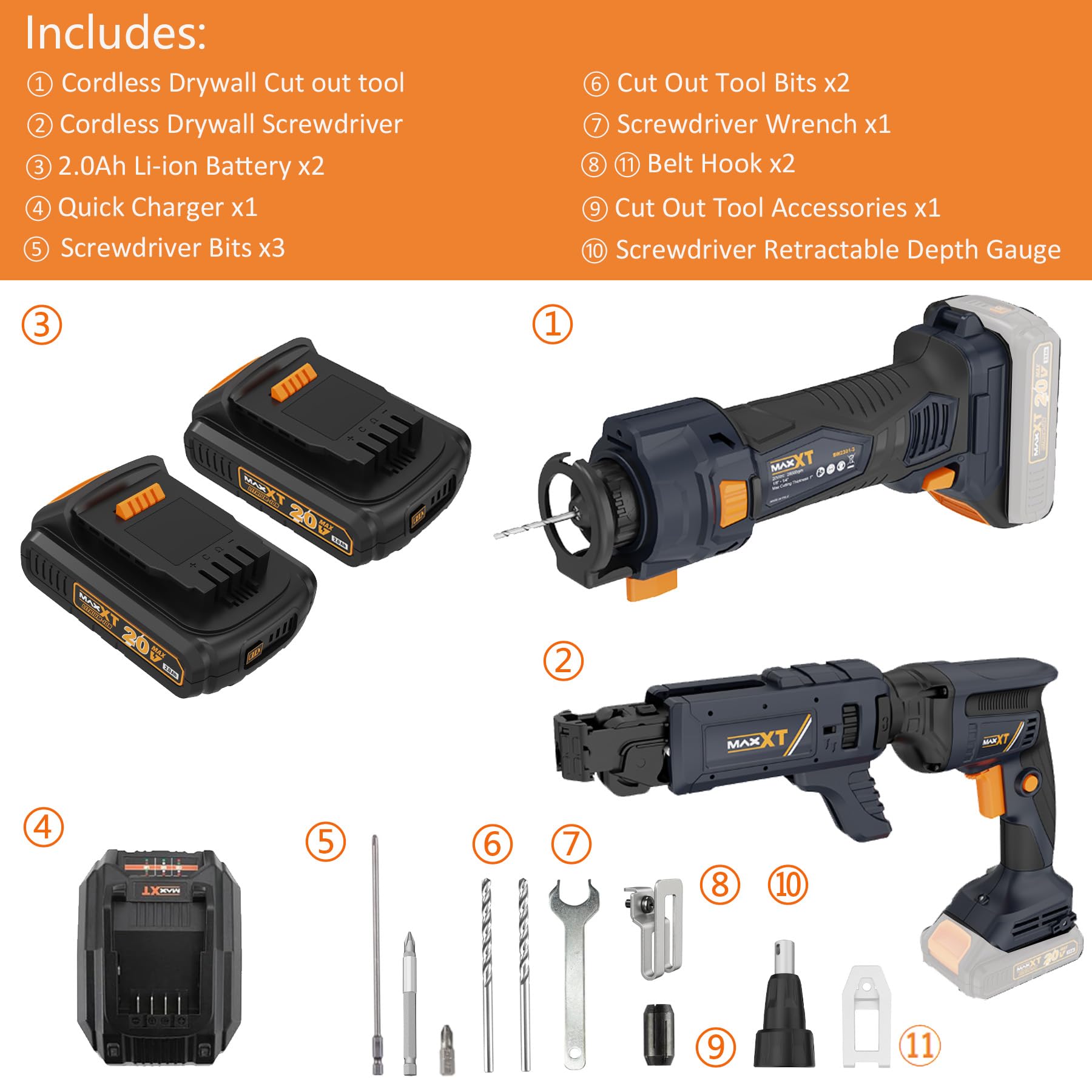 MAXXT Cordless 2-Tool Combo Kit?20V Brushless Drywall Screw Gun with Magazine and Cut Out Tool with (2) 2.0Ah Lithium Batteries and Fast Charger