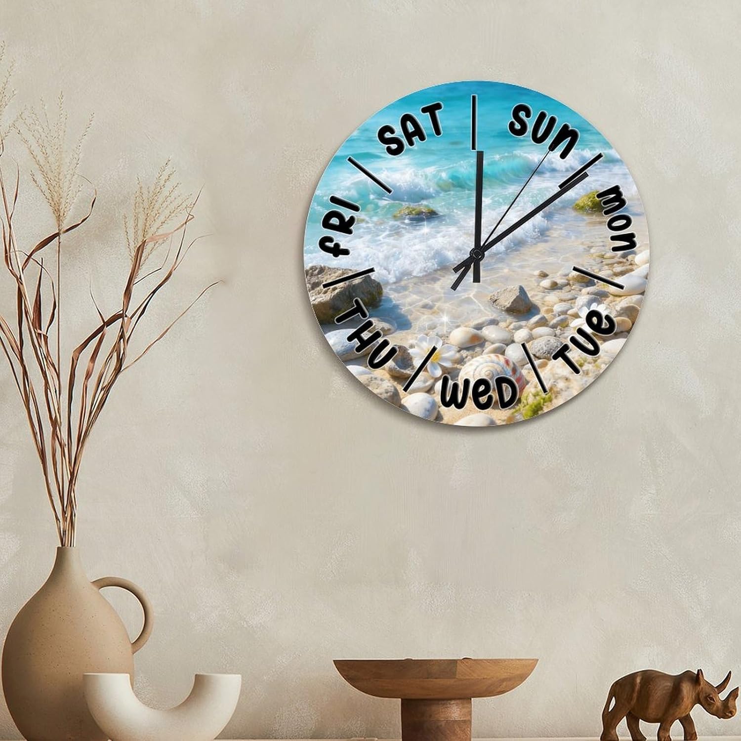 ArogGeld Seashell Beach Day of The Week Wall Clock Retirement Gift Coastal Nautical Large Wall Clocks Battery Operated 15 Inch Silent Non-Ticking Farmhouse Wall Decor for Bedroom Living Room