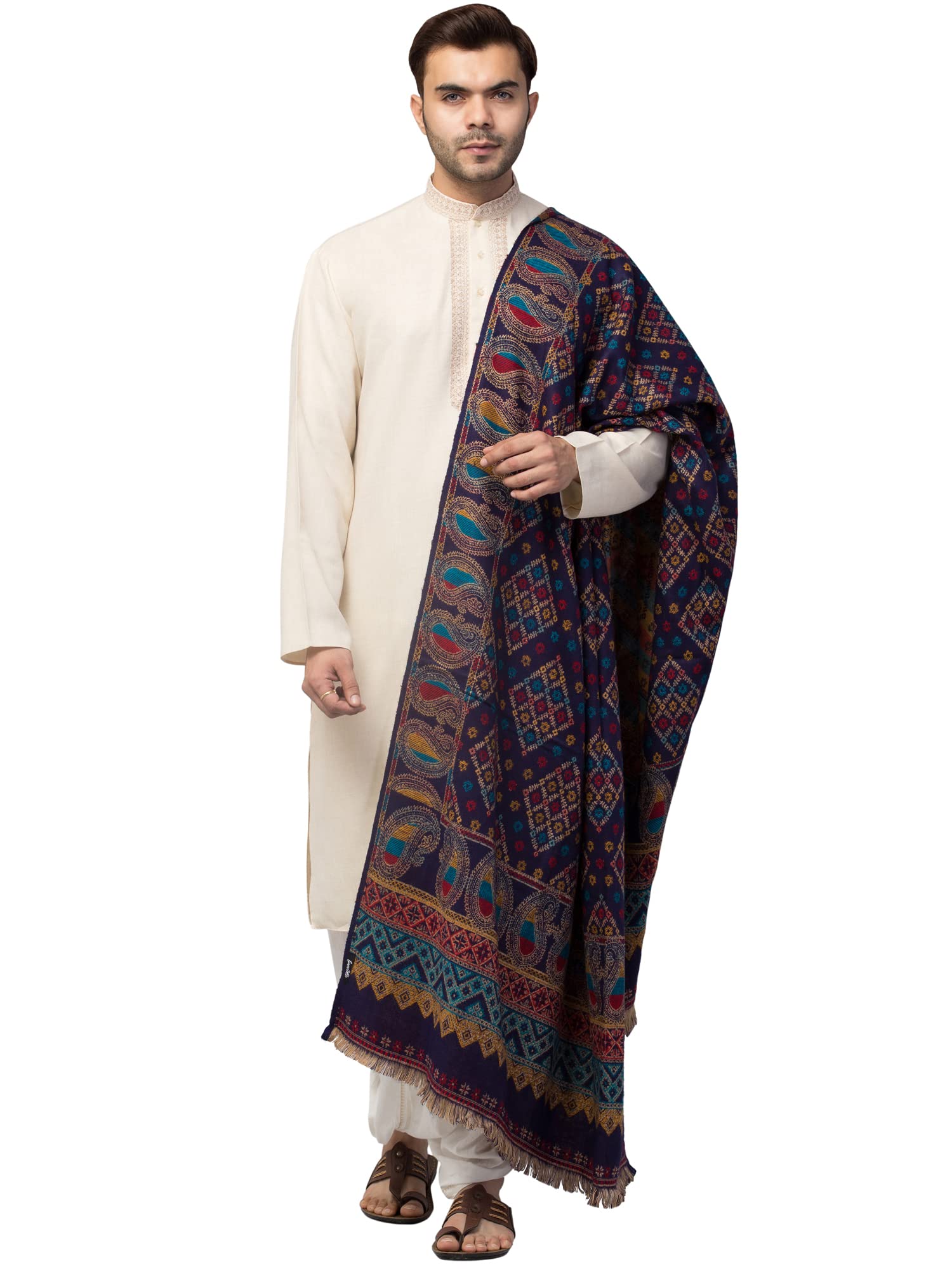 tweedle Men’s Blue Jamawar Weave Warm and Soft Woolen Shawl/Stole with Indo-Western Design (40 x 80 inches)