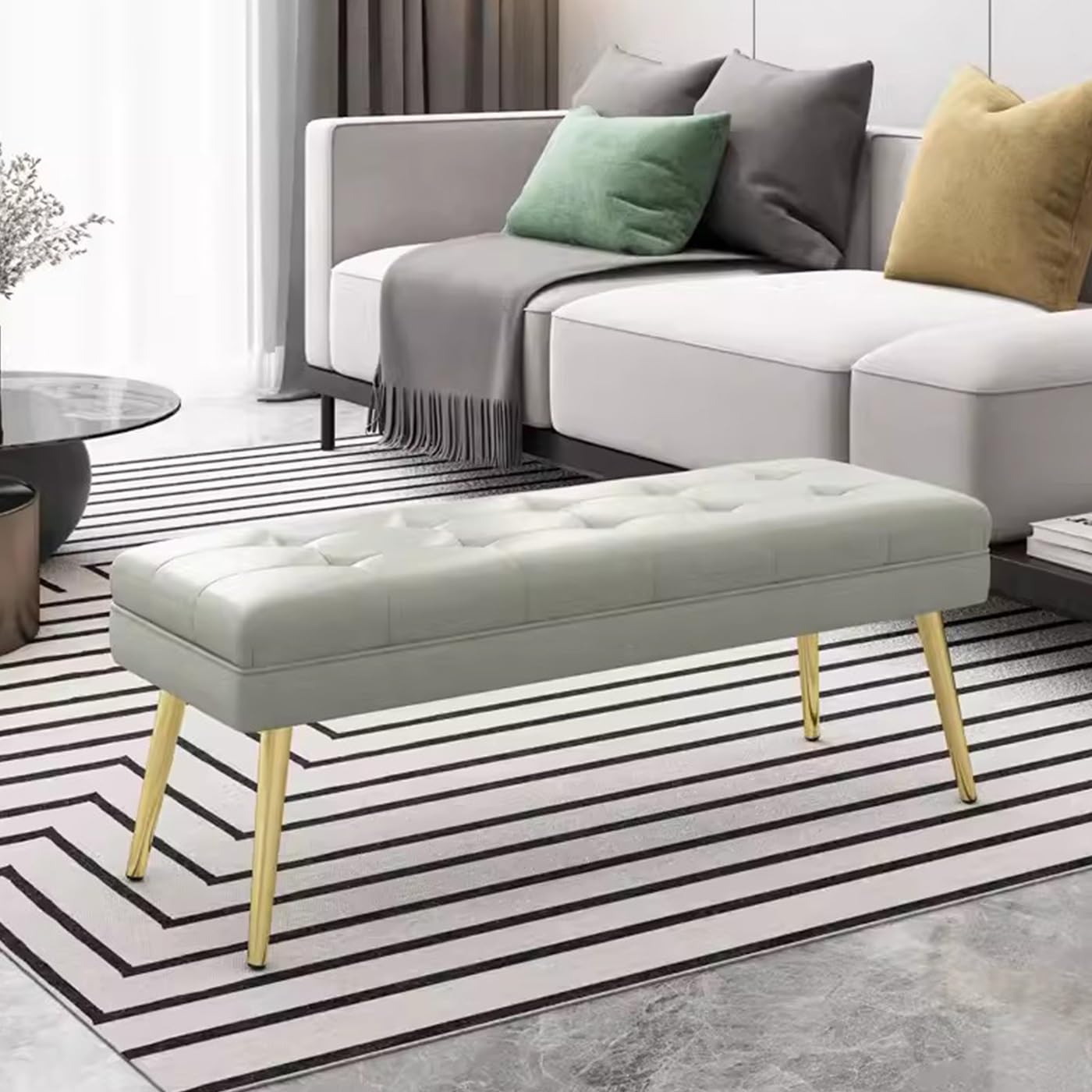Banc à chaussures d'entrée confortable avec pieds en métal doré