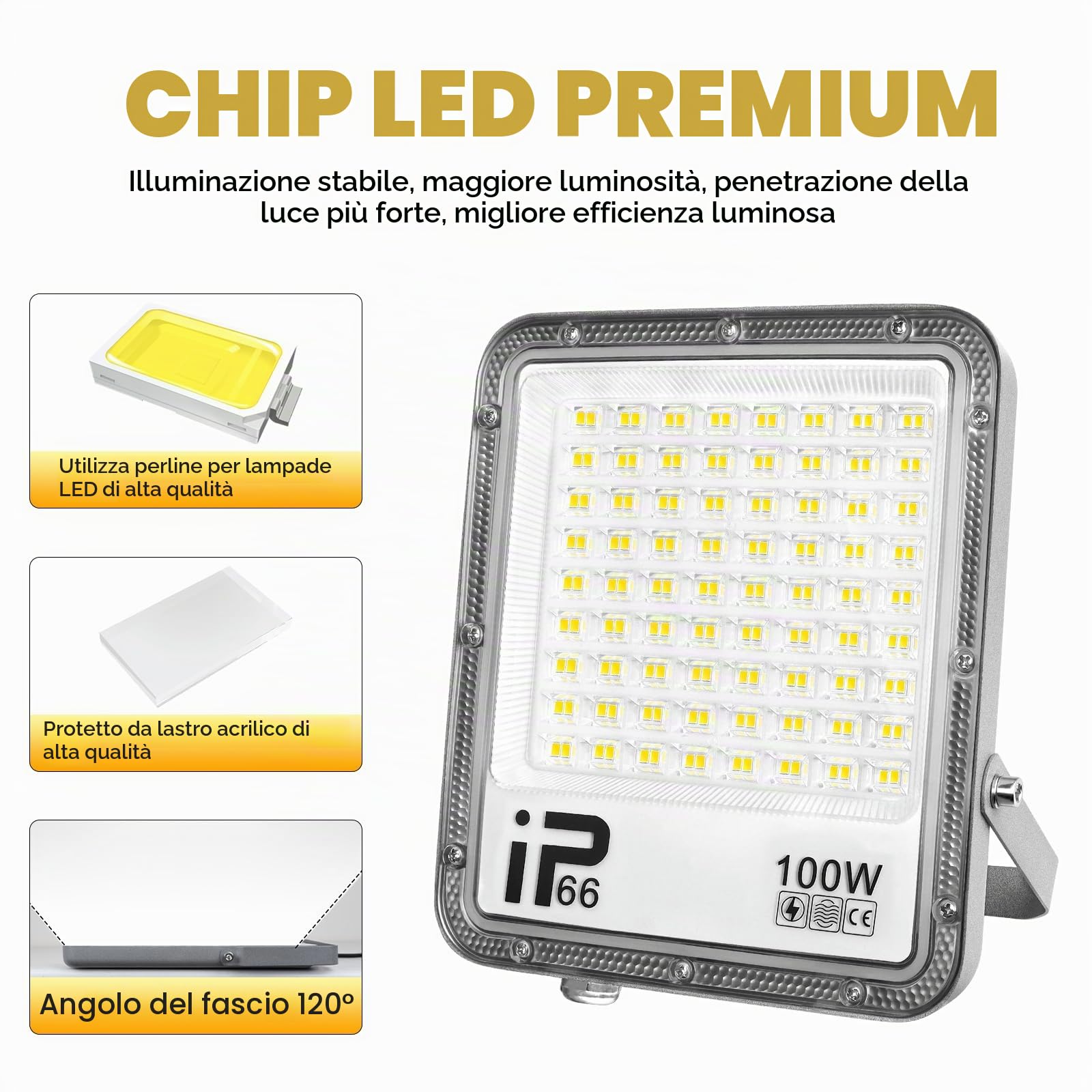 Willpower Faro LED Esterno 100W Faretti LED 6000K Bianco Con Spina