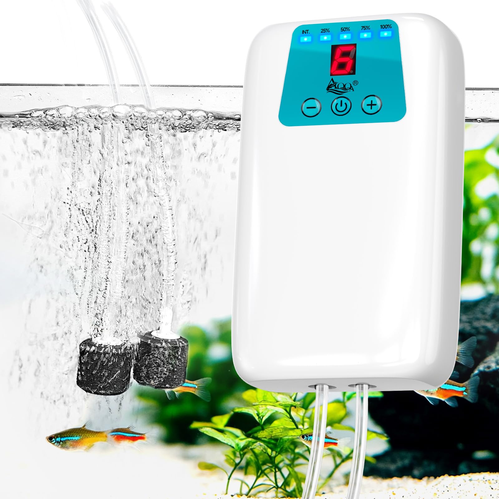 AQQA 4W 150GPH Battery Powered Aquarium Air Pump, USB Rechargeable Quiet Dual Outlet Aerator with 6-Level LED Display &amp; 2 Modes (Continuous/Intermittent), for Fish Tank Oxygenation, Outdoor Fishing