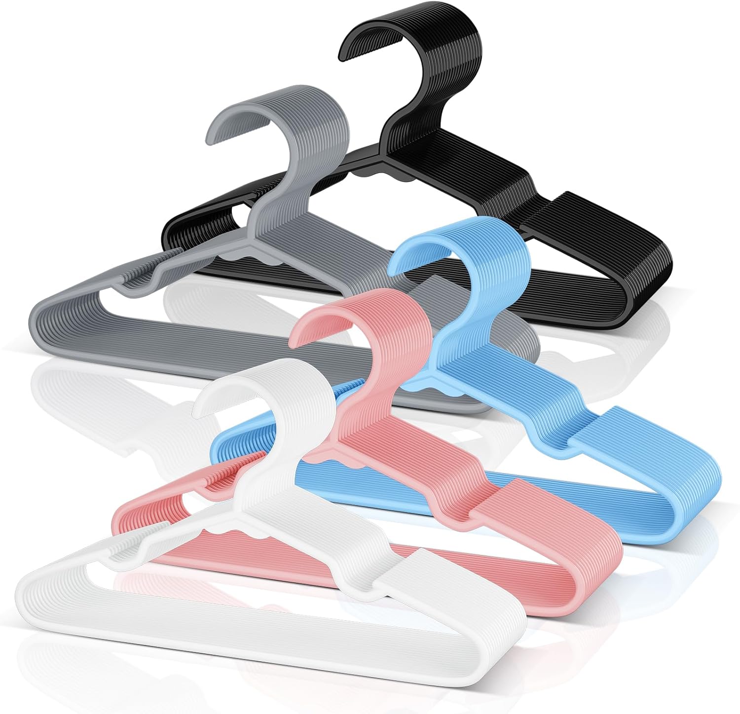 VTRIN Baby Hangers 100 Pack Large Capacity Hard Plastic Kids Hangers Suitable for All Clothes of Infant, Such as Short, Shirts White 20, Black 20, Grey 20, Blue 20, Pink 20