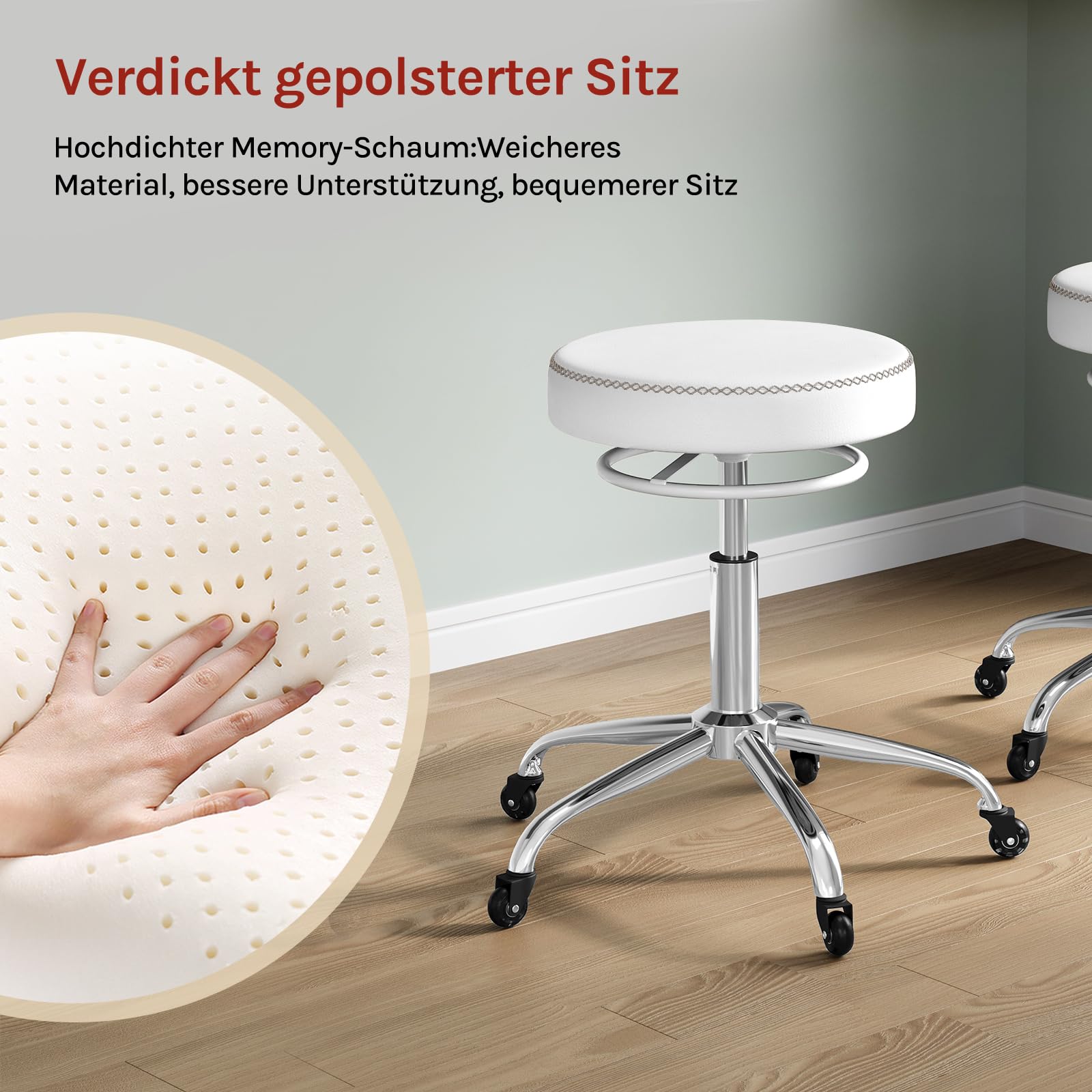 WOLTU Rollhocker höhenverstellbar, Bürohocker 360° drehbar, Weiß | Drehhocker mit Rollen, runder Hocker Arbeitshocker für Büro, Salon und Spa, Kunstleder