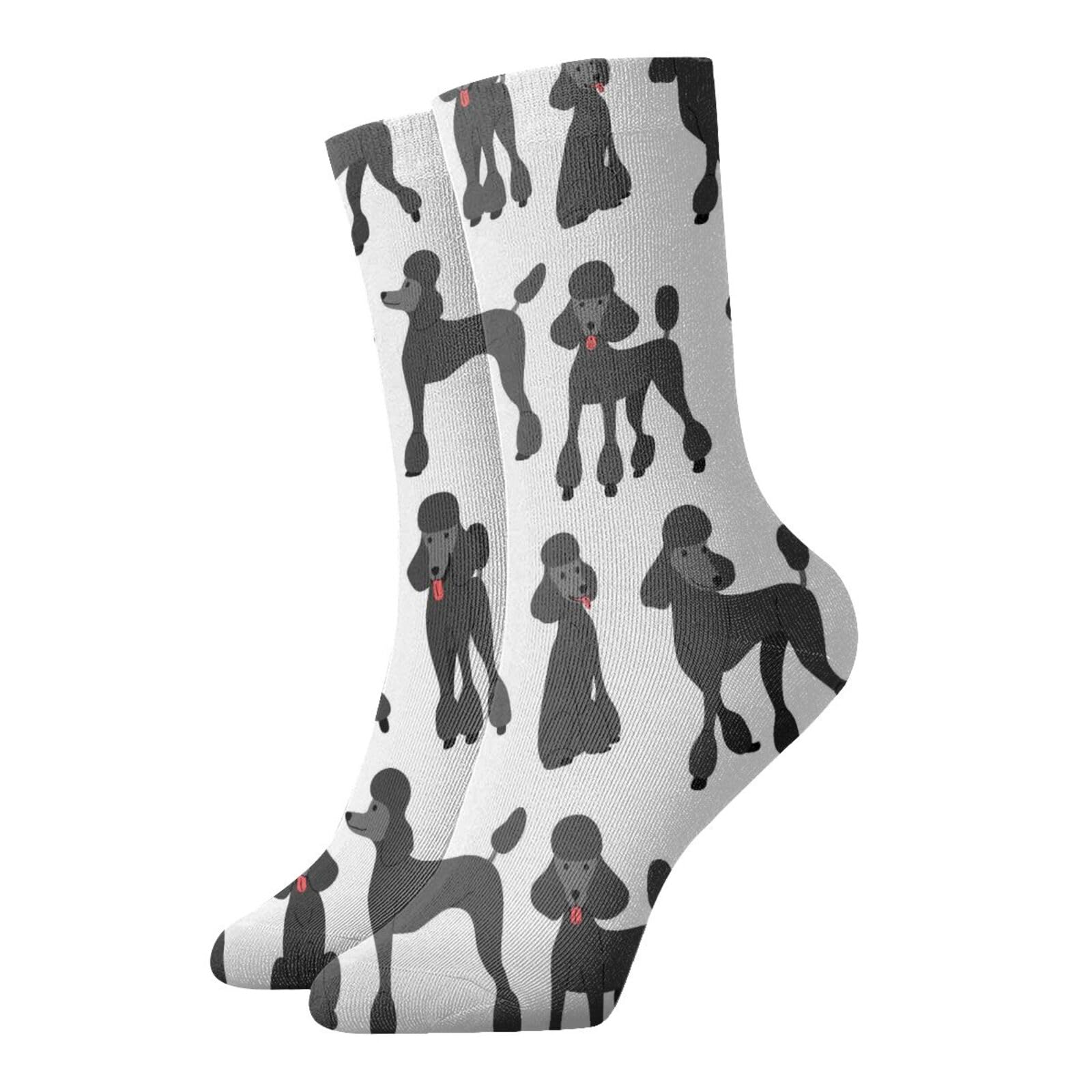 Jiufotk Unisex As Pic Black Poodle In Action Seamless Sport Sock Novelty Crew Tube Socks 12 Inch Fashion Casual Socks For Men And Women