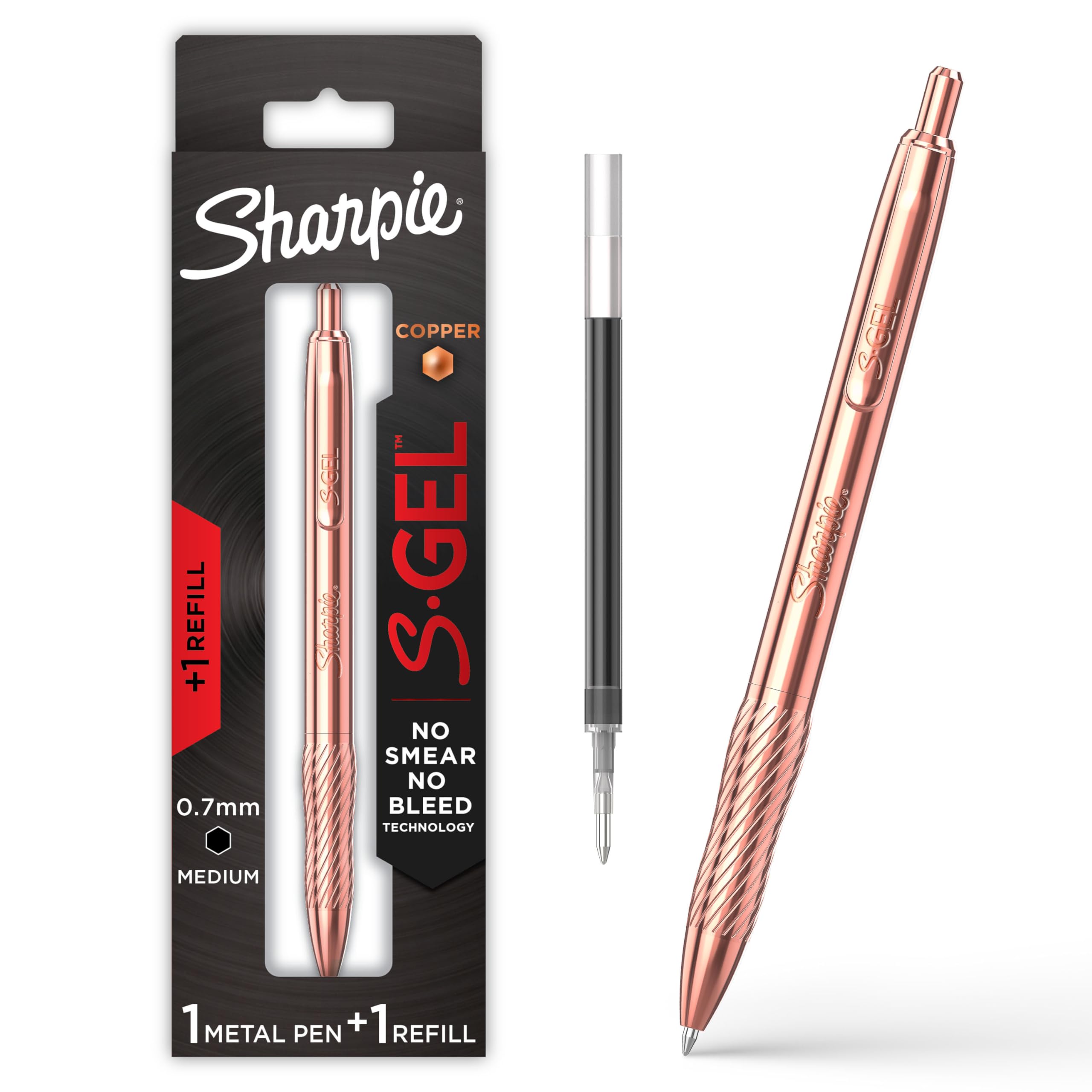 Sharpie S-Gel, Gel Pen, Copper Metal Body, Medium Point (0.7mm), Black Ink, Includes 1 Pen and 1 Additional Ink Refill