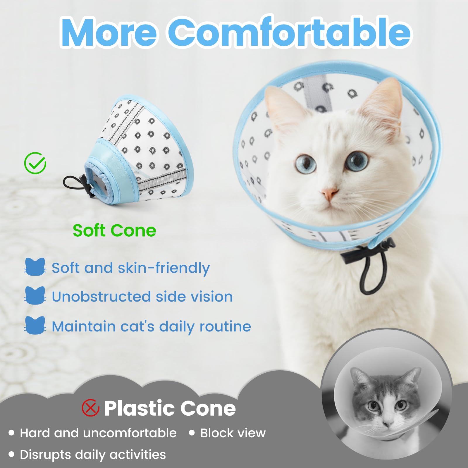 Collerette Chat Anti Léchage et Anti Grattage, Souple en Tissu Respirant, Ajustable, M, Maille Bleu