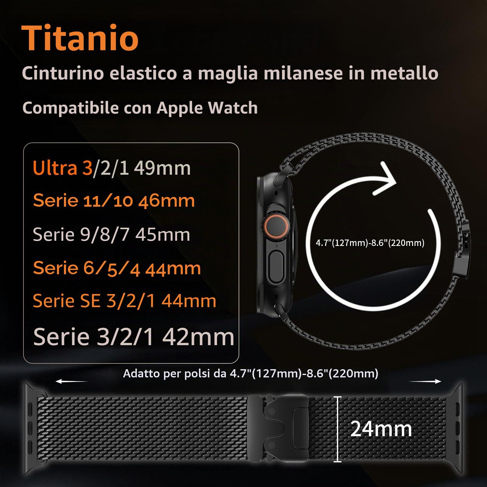 Cinturino Milanese Loop Compatibile con Apple Watch Ultra 3/2/1 49mm 46mm 45mm 44mm 42mm (Serie 3 2 1) Uomini Donne, Cinturini in Metallo per iWatch 11 10 9 SE 8 7 6 5 4, Fibbia Stile Paracadute