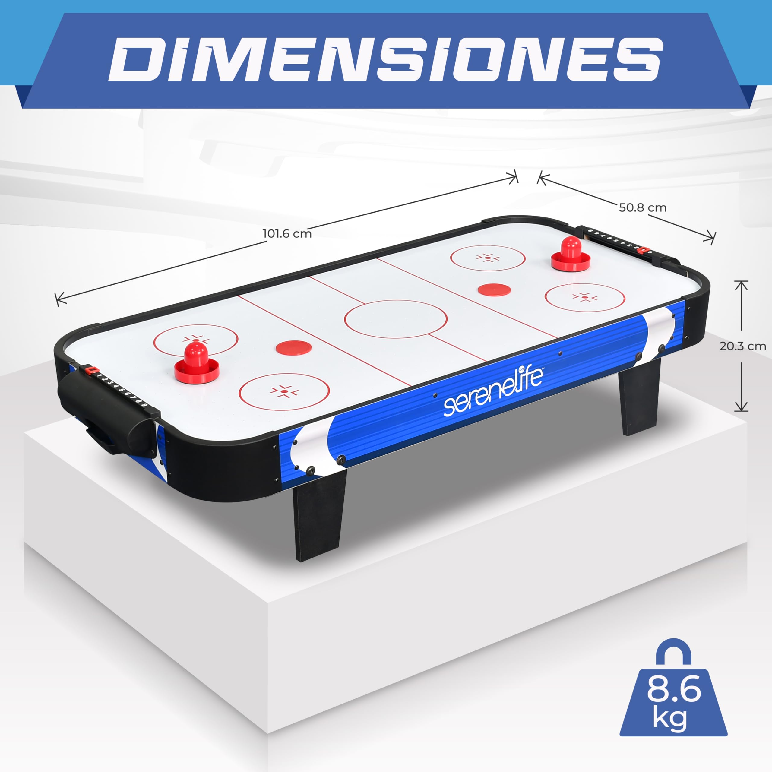 Serenelife Mesa de Hockey de Aire, Motor Dos Veces mas Fuerte, Marcador de Puntos LED Digital, Dispensador de Discos y Accesorios