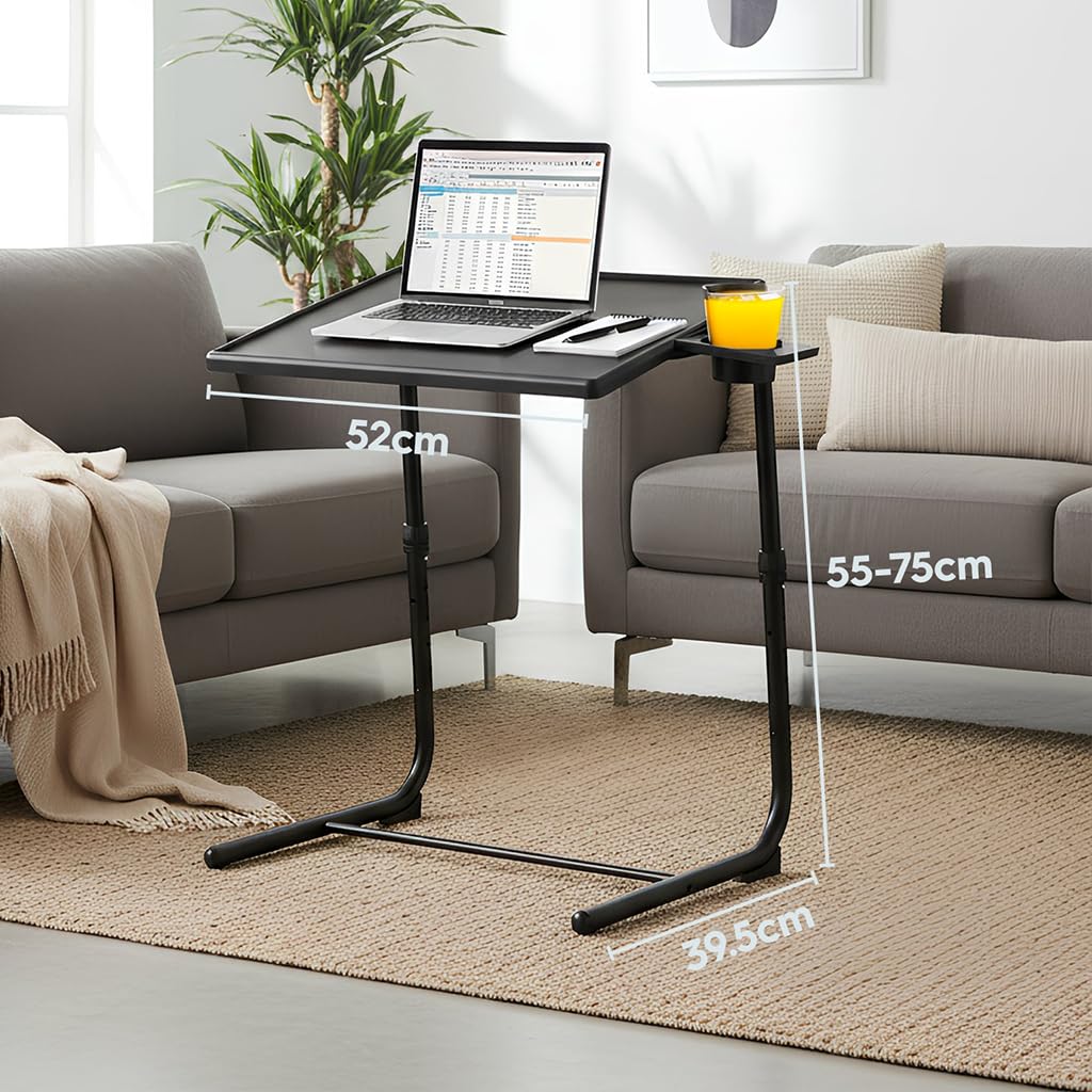 Table pour Ordinateur Portable Pliante et Réglable en Hauteur - Noir - 1x Petit Pliable Bureau à Domicile avec Plan de Travail en Plastique, Cadre Métallique et Porte-Gobelet - par Harbour Housewares