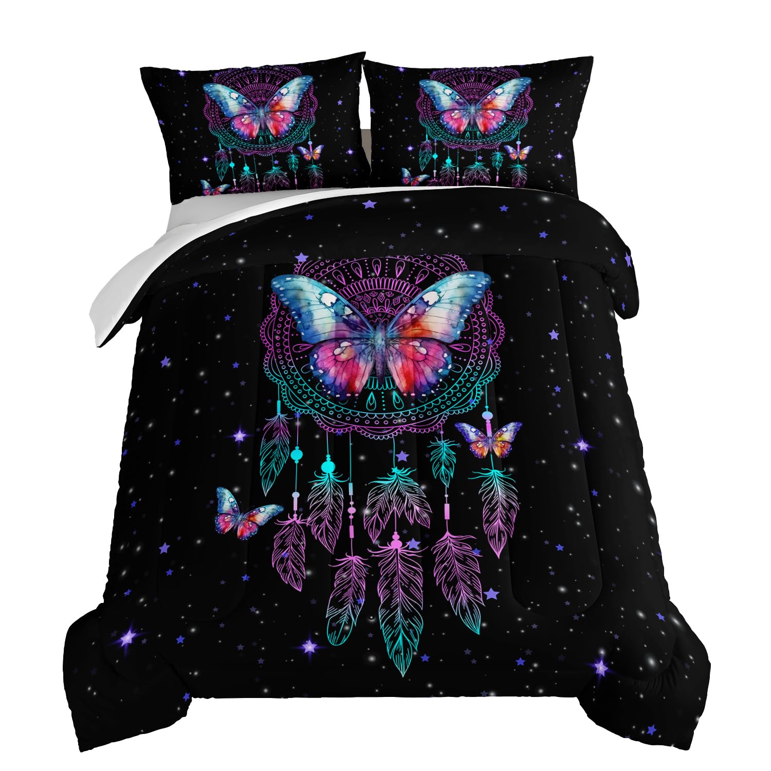 HOSIMA Traumfänger-Bettwäsche-Set für Mädchen, Schmetterlings-Federn, Traumgeschichten, Tröster-Set, Kidcore, Raumdekoration, ästhetisch, Galaxie, Sternenhimmel, schwarz, Bettdecke in voller Größe mit