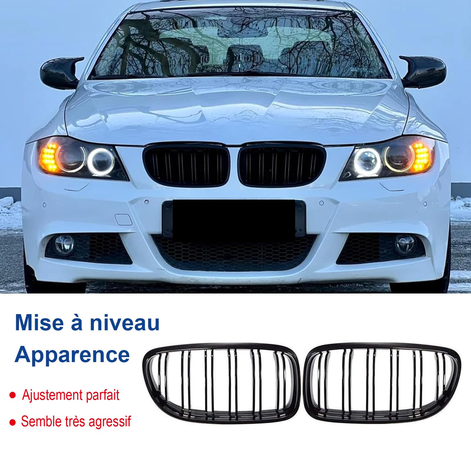 Calandre Noir Brillant Gangying Pour BMW Série 3 E90 E91 - Grille Double Rein Style Sport - Installation Facile Sans Perçage