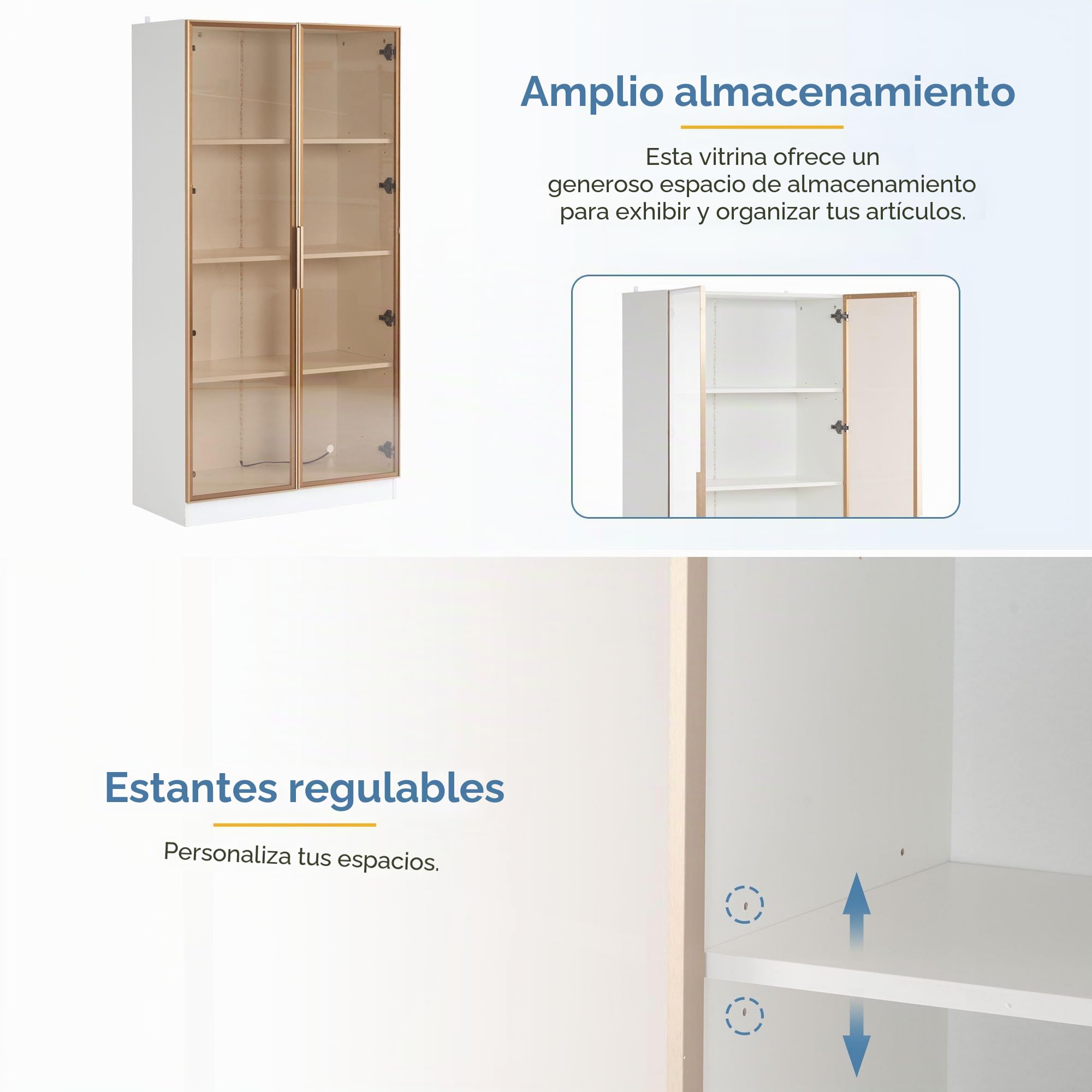 Lexiou Juego de 2 vitrinas de cristal blanco con iluminación LED de 16 colores, vitrina con puertas batientes y estantes móviles, armario alto para sala de estar, armario independiente