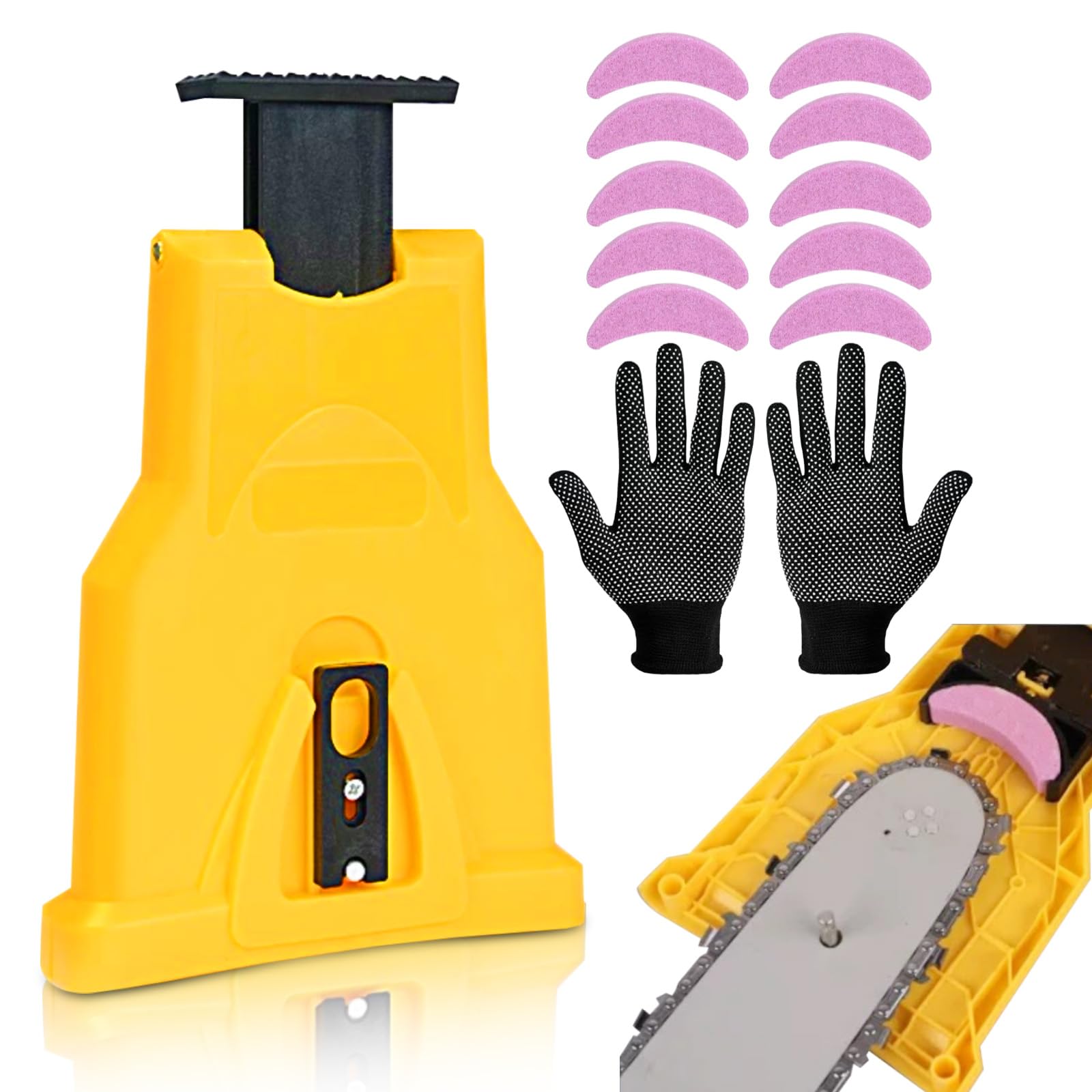 Afilador de Motosierra, Afilador de Motosierra Portátil, Kit Afilador de Motosierra Universal, Afilador Motosierra con 10 Afiladores y un Par de Guantes de Trabajo se Aplica Cortacésped etc