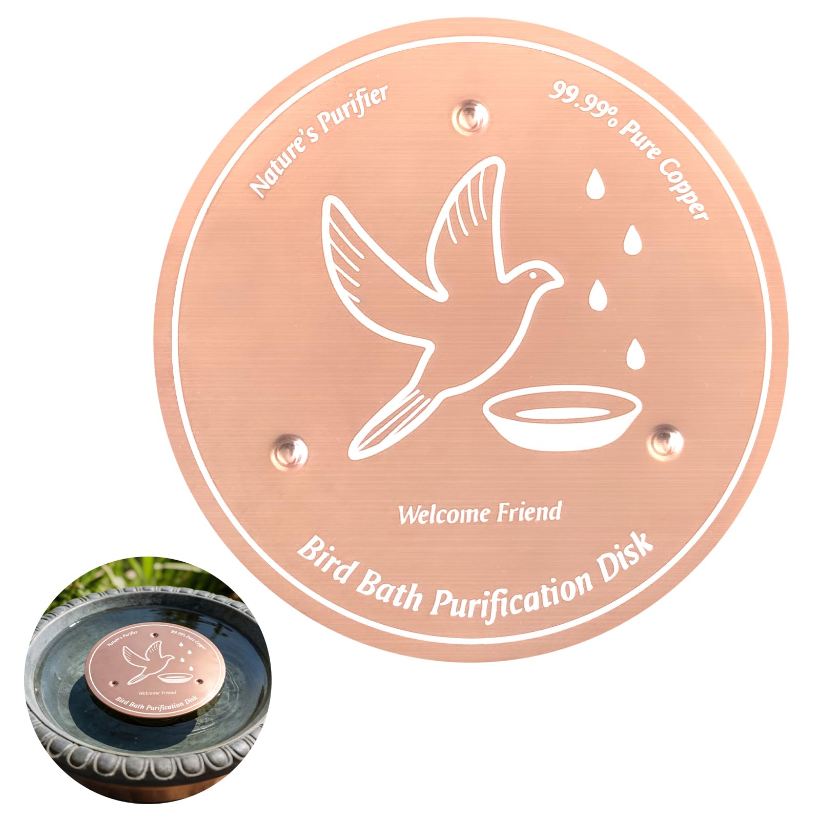 Bird Bath Copper Disk, 0.6mm 99.99% Pure Copper Self-Cleaning Purification Disk for Bird Bath Clean, Keeps Water Fresh Year-Round, Universal Fit for Outdoor Birdbaths, Bowls & Fountains - 1