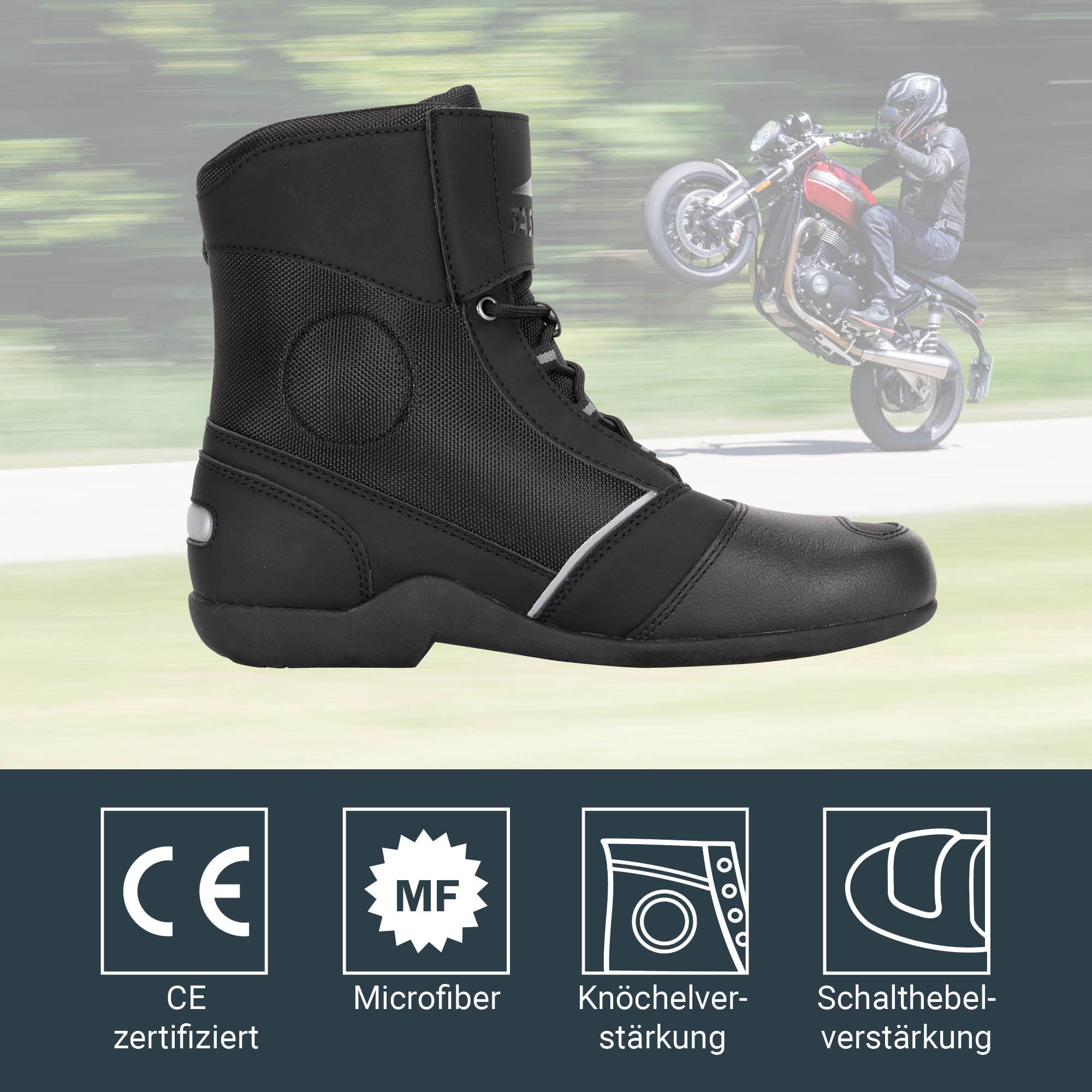 FAST WAY Touring 201 Motorradstiefel Herren, CE Zertifiziert, Schalthebelverstärkung, Knöchelschutz, Robuste Motorradschuhe, Schnürsenkel mit Klett-Abdeckung, Größe 37-47