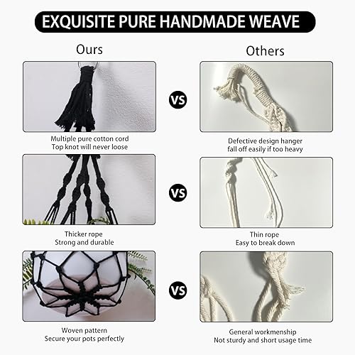 Miniatura 4 de Artilady Macetero colgante de macramé negro para plantas de interior bohemio con ganchos, cesta colgante para plantas, ventana al aire libre,
