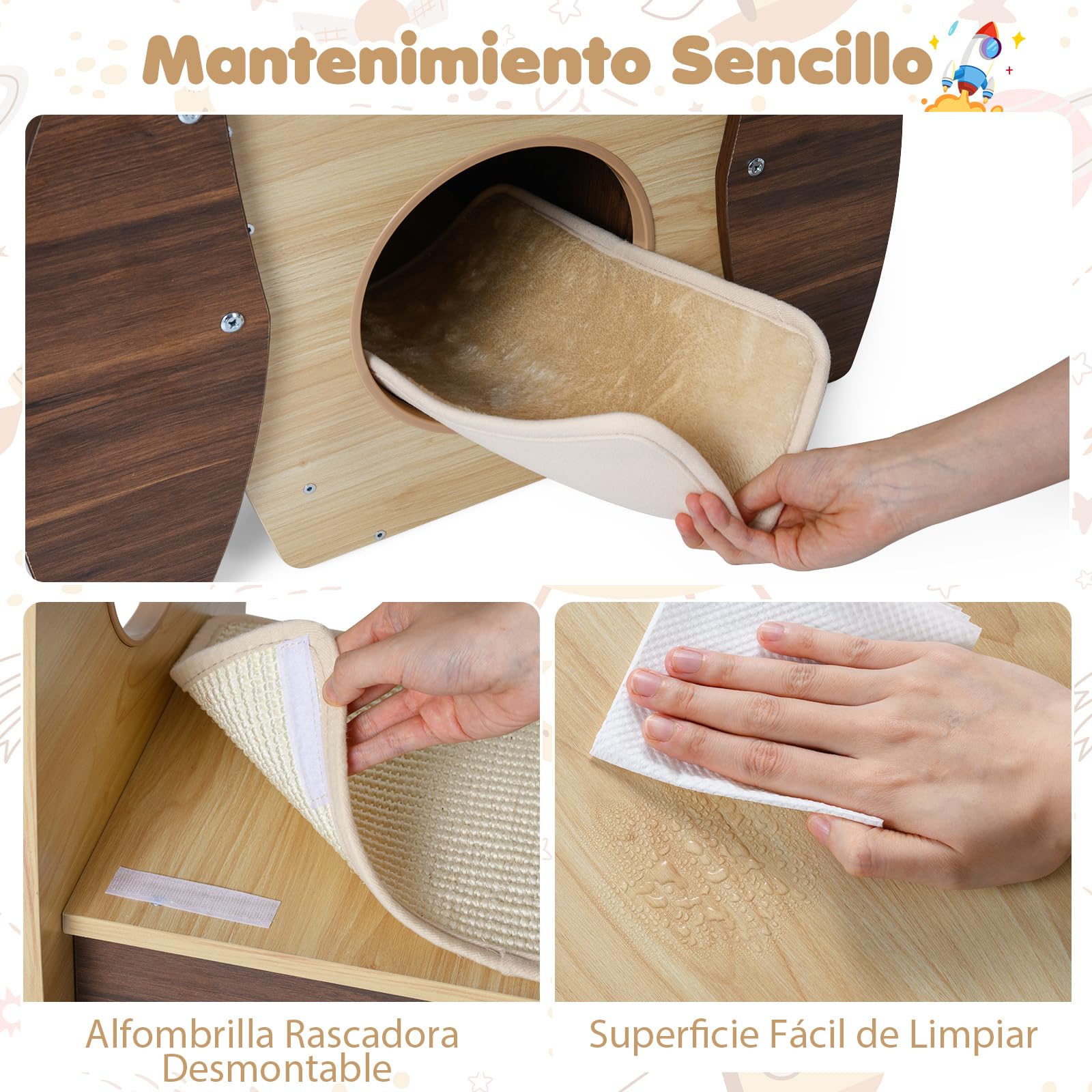 COSTWAY Árbol Rascador para Gatos en Forma de Cohete, Torre para Gatos de Madera con Condominio de 2 Plantas, Percha Superior, Rascador de Sisal, Plataforma Acolchada, Bola Colgante, Natural y Blanco