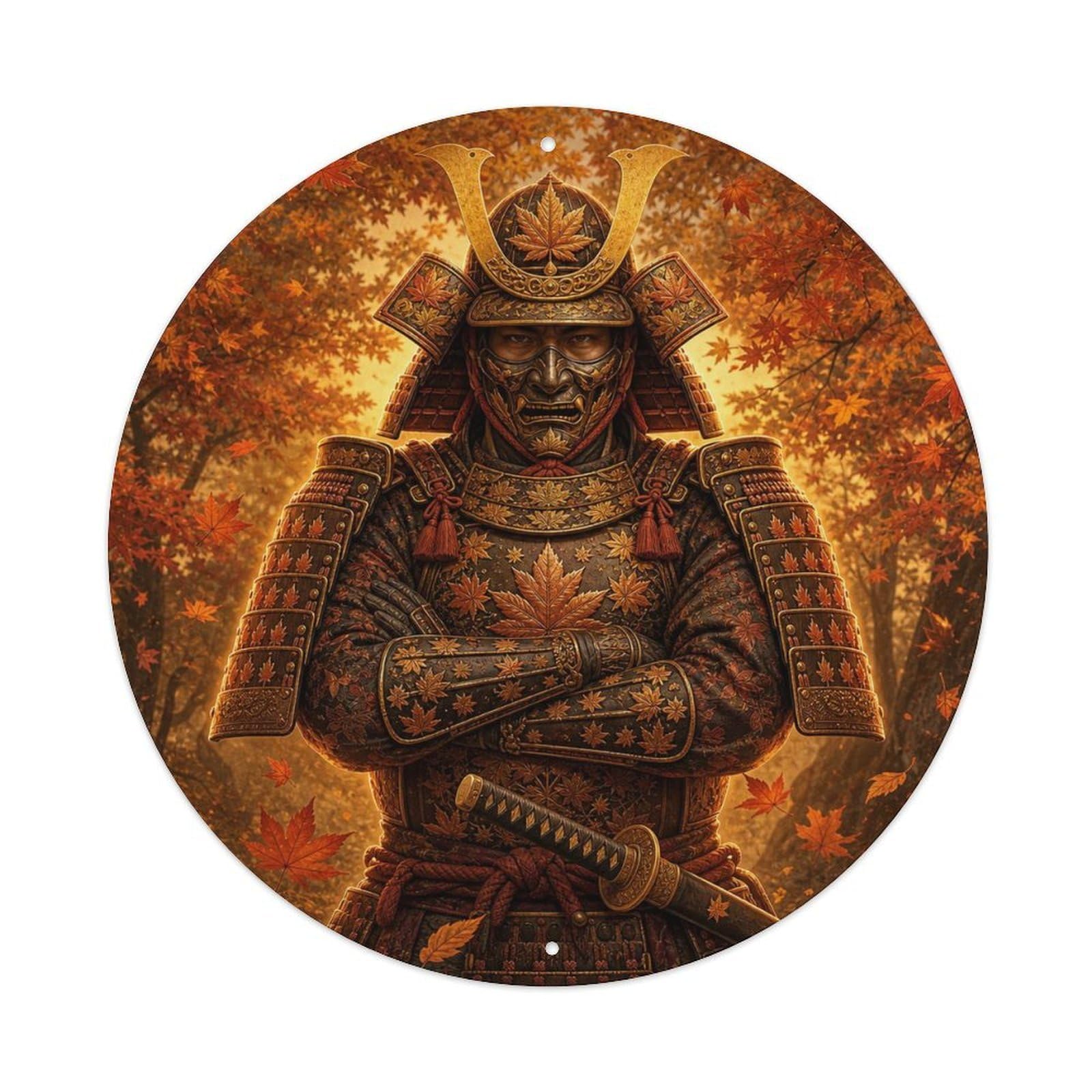 Okngb Style Lone Amber Autumn Crossed Arms Command Samurai Crest Metal Tin Sign Plaque Wall Decor For Cafe, Man Cave, Club Bar, Office, Home Garden Round Metal Poster 8X8inch