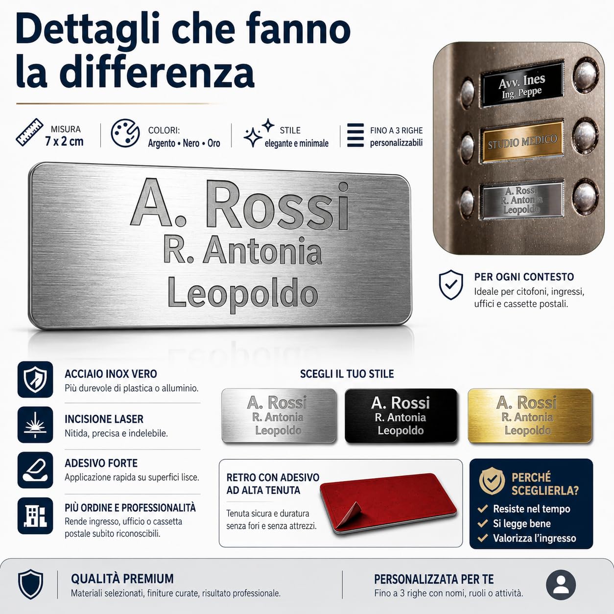 Targhetta Citofono Esterno Personalizzabile - Adesiva, in Acciaio Inox - Incisione Laser - Targhetta Personalizzata per Casa, Porta Ingresso, Armadietti, Cassetta Postale - 7x2cm (Oro)