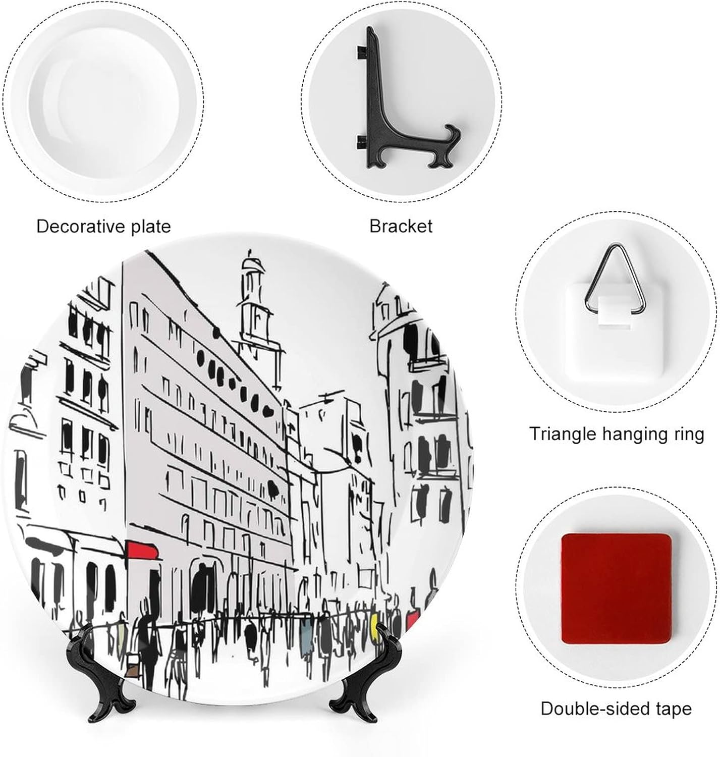 XISUNYA 7 Inch Decorative Plate, Urban Ceramic Stoneware, Pedestrians on Busy Street with Buildings Modern Cityscape Print Ceramic Wall Hanging Decor Accessory for Dining Table Tabletop Home Decor
