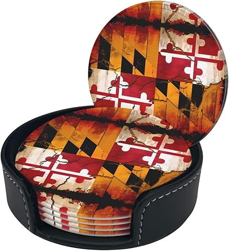 Miniatura 2 de Posavasos de madera vintage con soporte para bebidas con la bandera de Maryland, juego de 6, posavasos redondos impresos para escritorio de café,