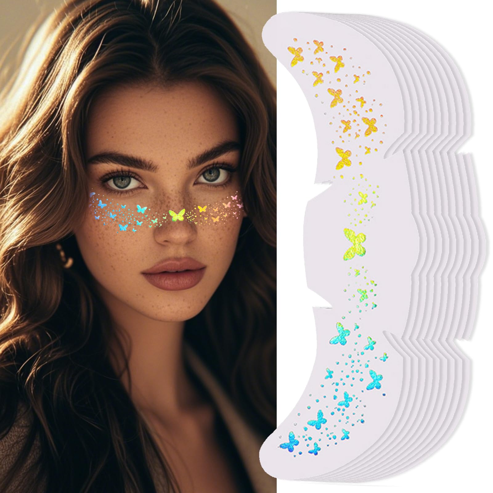 Prreal Glitter Freckles Face Tattoo,10PCS Laser Butterfly Freckle Tattoos,Waterproof Natural Temporary Fake Freckles Sticker Face Glitter,Sparkle Faux Makeup Patches Carnival Festival Accessories