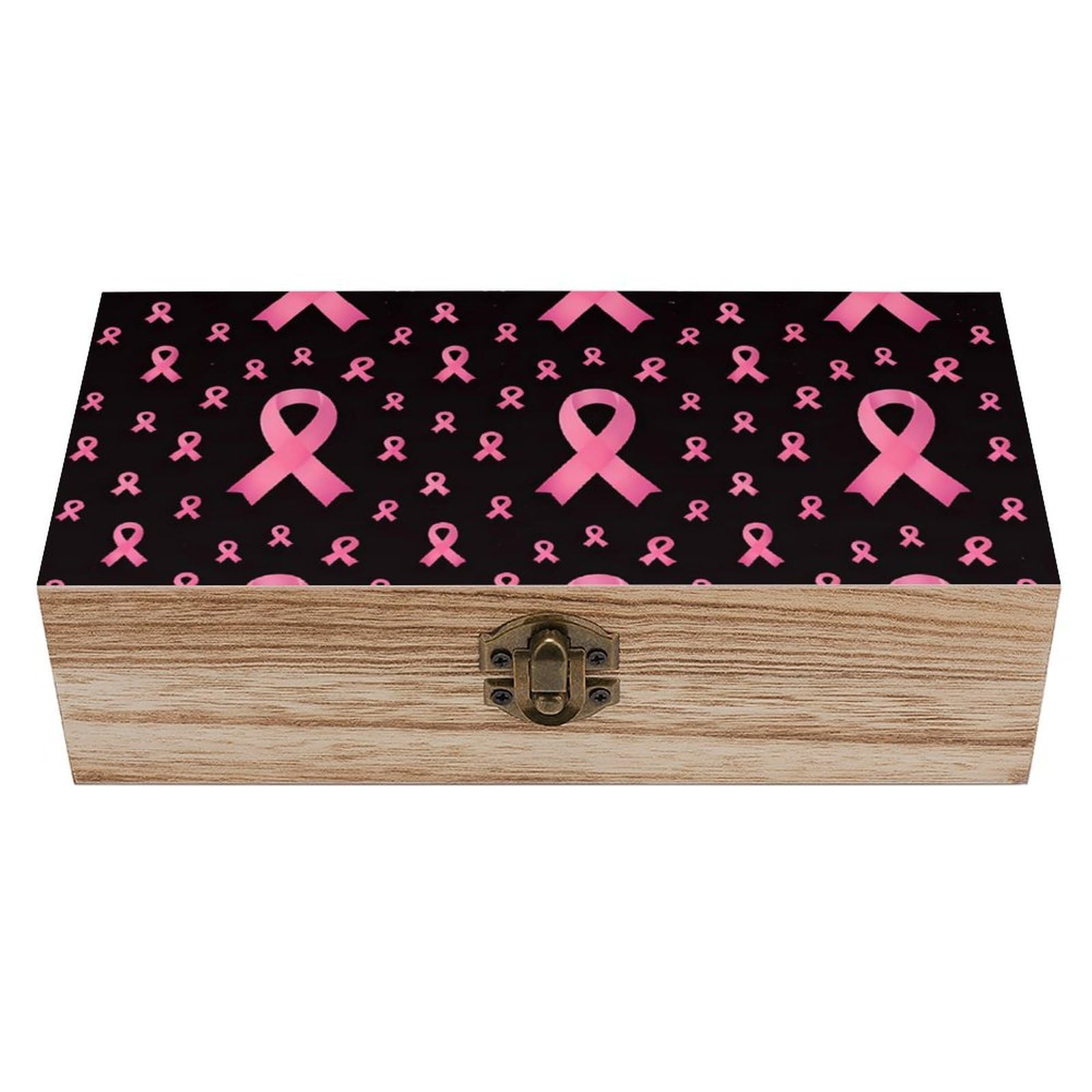 HLBSDM Breast Cancer Awareness Ribbons Black Wooden Storage Box