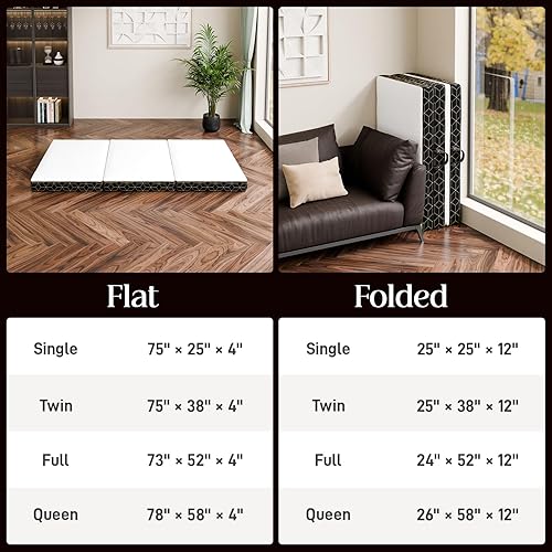 Miniatura 6 de Colchón individual de espuma viscoelástica de tres pliegues, colchón plegable portátil de 4 pulgadas con asa y funda lavable, cama de piso con base