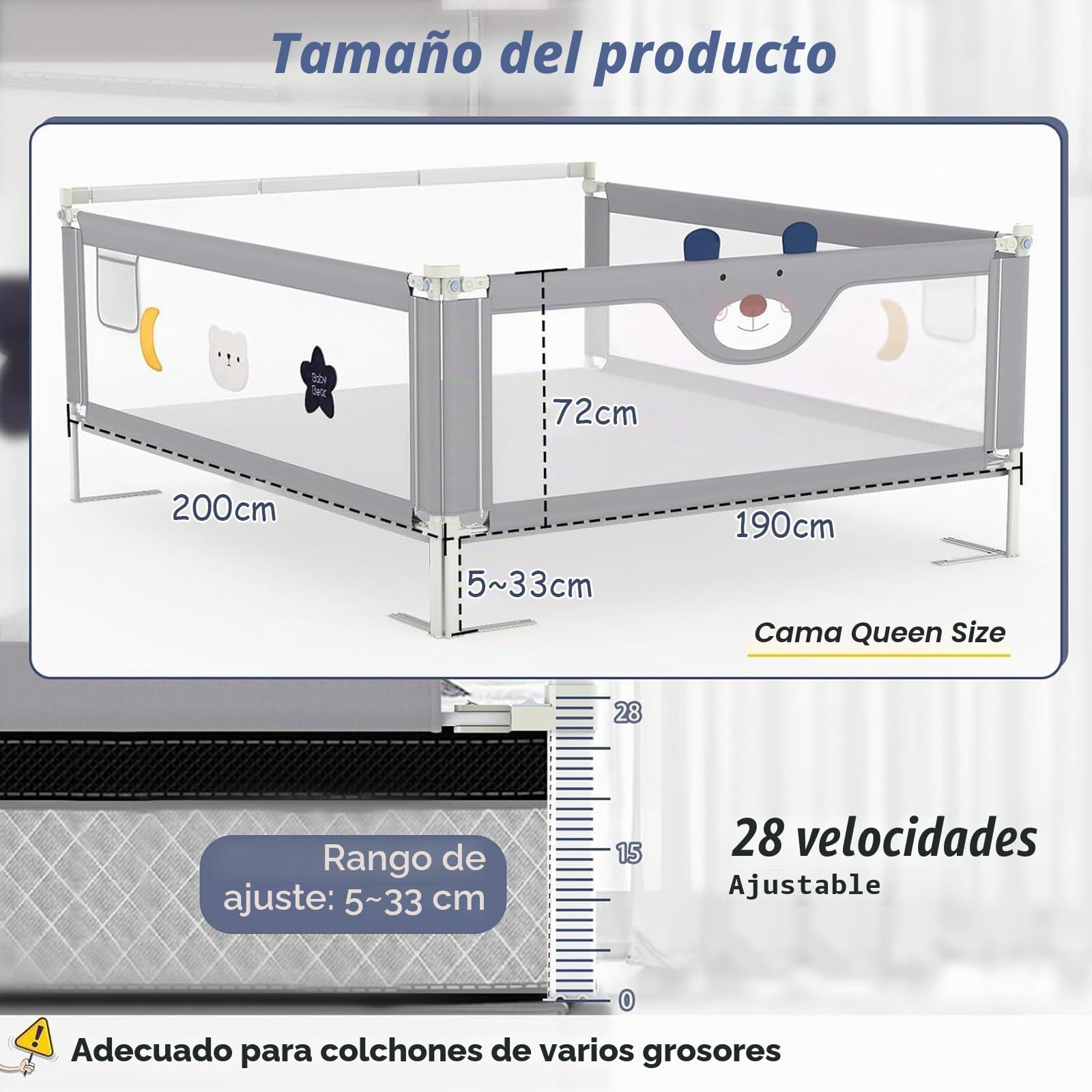 G TALECO GEAR 3 barandillas de protección contra caídas para niños pequeños con barra de cabecero, barandilla ajustable para cuna infantil, protección contra caídas (2 x 200 cm + 1 x 190 cm)