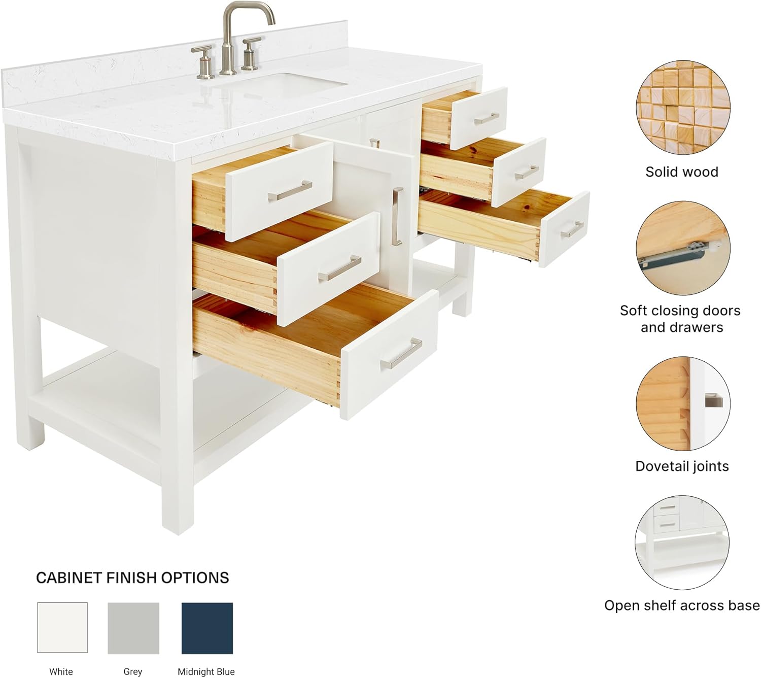ARIEL Magnolia 60-inch Bathroom Vanity with Sink,Solid Wood, 1.5-inch Carrara White Quartz Countertop, Single Rectangular Porcelain Sink, 2 Soft Closing Doors, 6 Dovetail Drawers, White