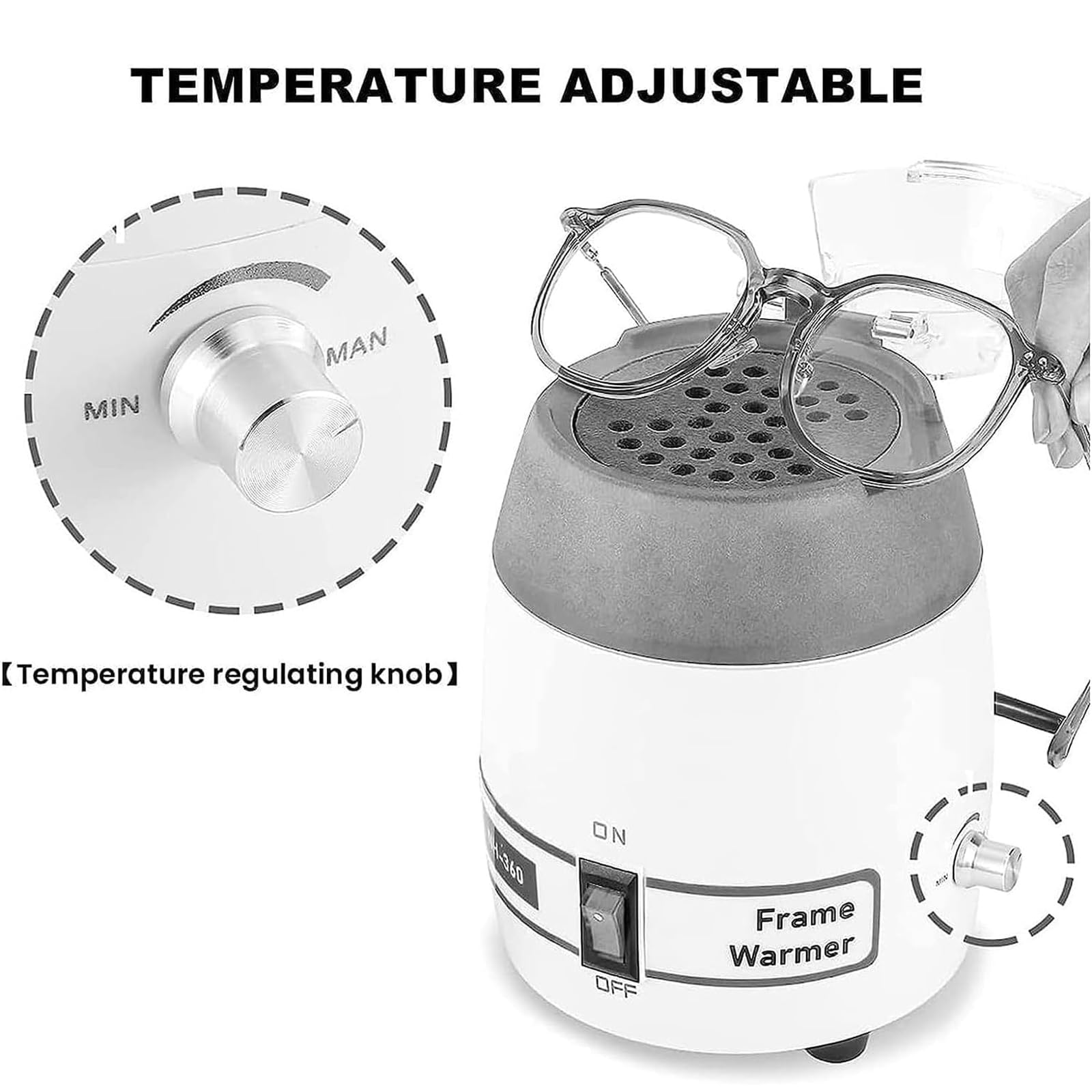 Calor para monturas de Gafas, Calentador óptico para monturas de Lentes de Gafas, Temperatura Ajustable de 75~150 ℃, para Tienda de óptica, monturas de Gafas no metálicas: Resina/Hojas/etc.