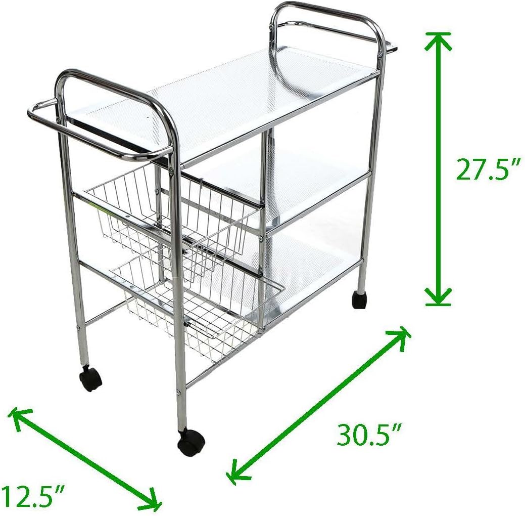 Black Friday - 80% OFF Mind Reader 3-Tier Kitchen / Utility Cart with 2 Shelves, 2 Baskets For Extra Storage, Handles for Hanging Towels
