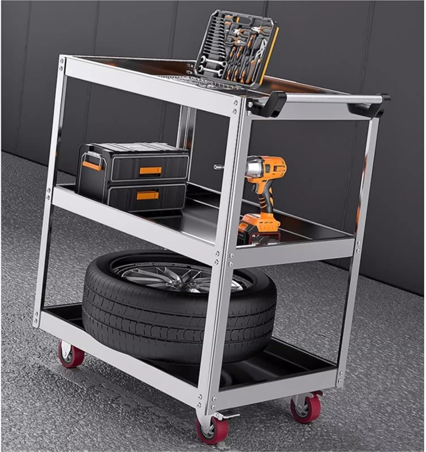 Carrello multiuso a 3 ripiani in acciaio inox con grande vassoio e ruote di bloccaggio, capacità di 300 kg per cucina, officina, magazzino