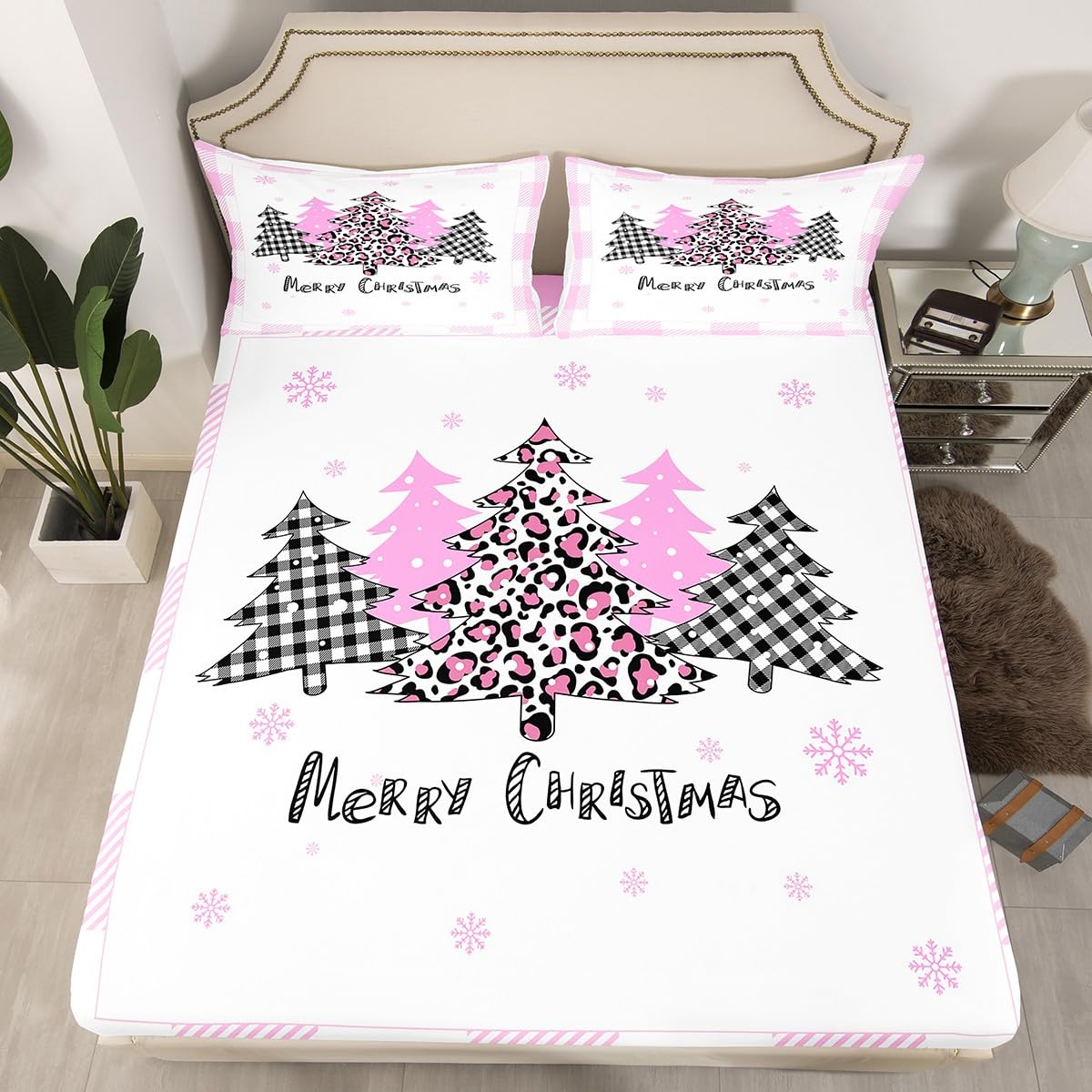 Xmas Tree Fitted Sheet Double Size, Pink Plaid Grid Snowflake Bed Cover with 2 Pillowcases, Christmas Theme Bedding Set 3pcs for Kids Boy Girl Room Decor, Soft Polyester Bedding — image 1