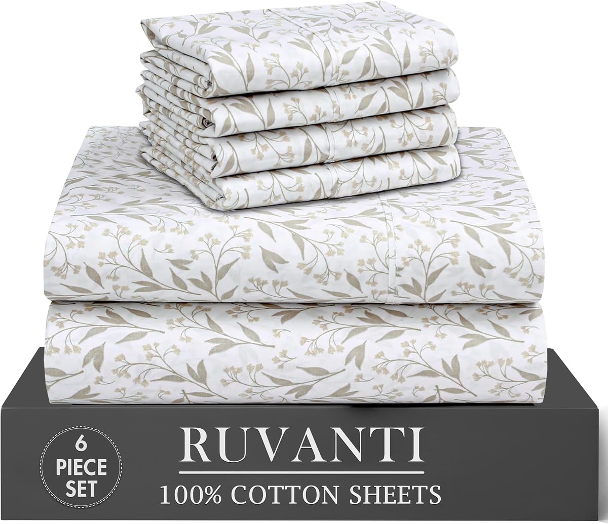RUVANTI 100% Cotton Percale Sheets King Size, Botanica Living | Cooling Bed Sheets for Hot Sleepers, Deep Pocket 16”, Breathable Lightweight & Durable, Crisp Hotel Style Sheets, 6 Piece set