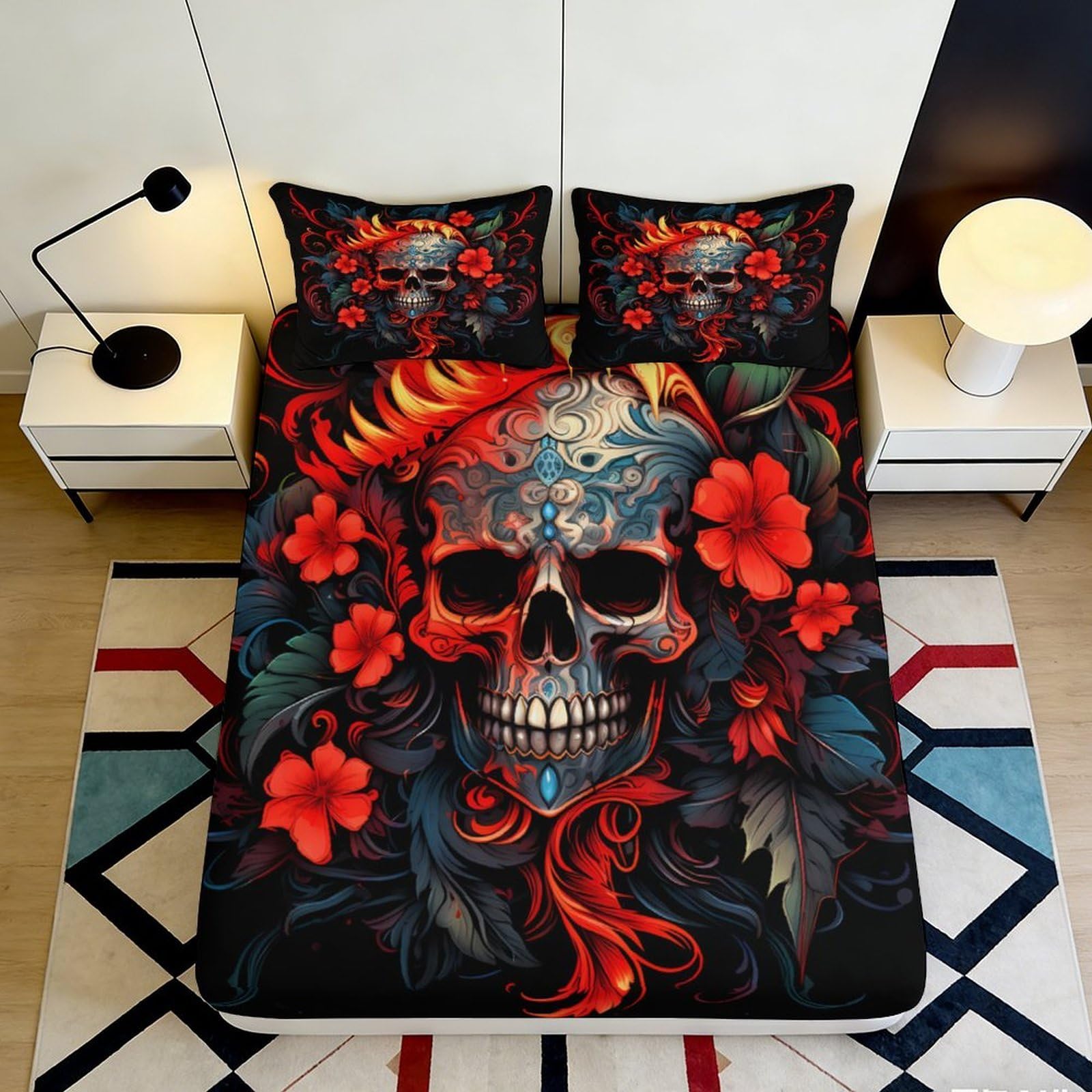 3D Printed Skull Floral Fitted Sheet Microfiber Black Red Mattress Cover for Bedroom Dorm Easy Care Decor 180x200x25cm