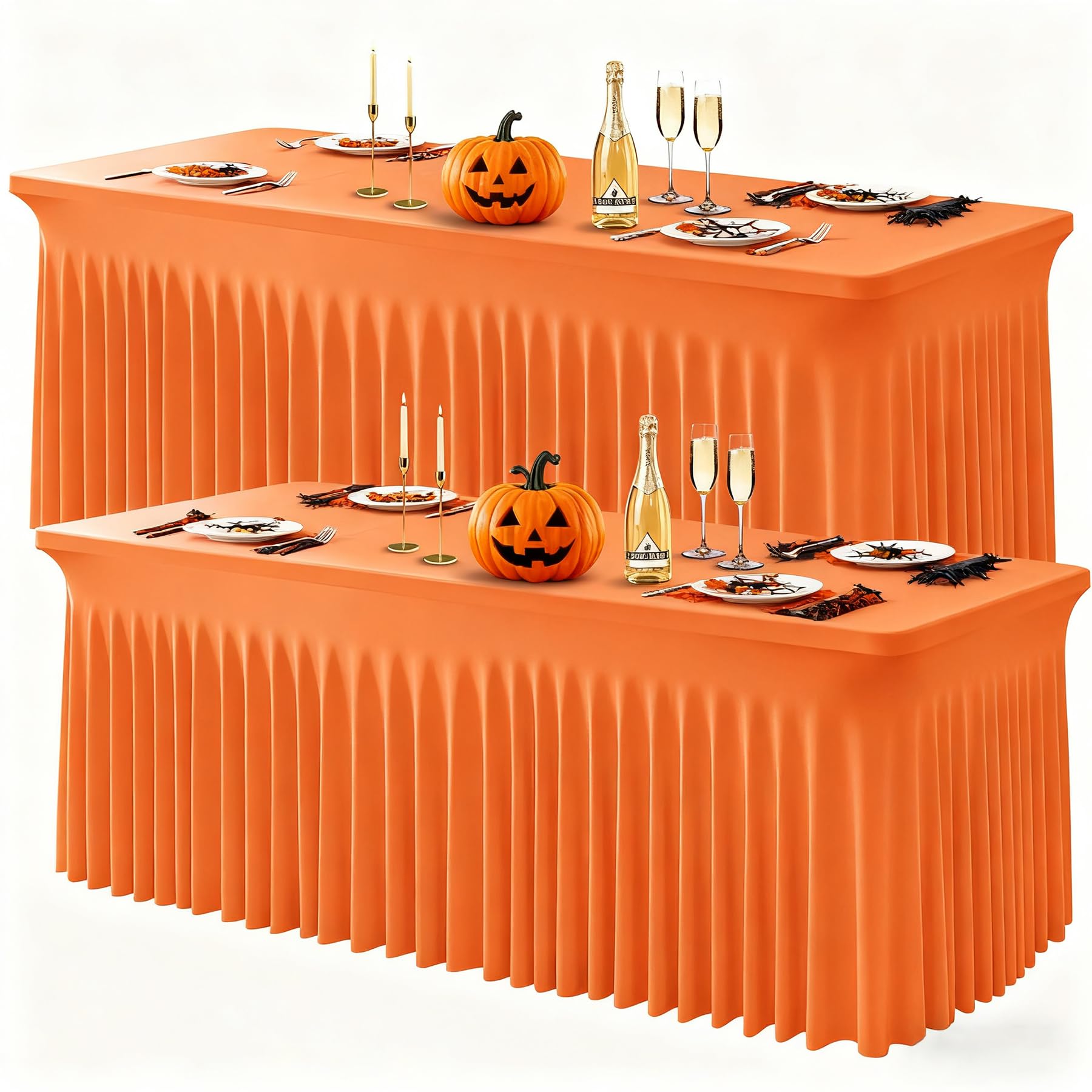 Wish Care 2 Pack Orange Spandex Table Clothes for 6 Foot Rectangle Tables, 6FT Wrinkle Free Fitted Tablecloths Ruffles Design Table Cover for Party,